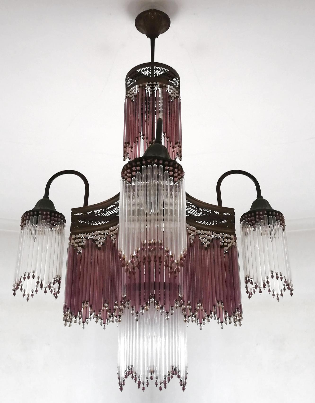 Metal Italian Murano Art Deco Art Nouveau Pink Beaded Crystal Fringe Gilt Chandelier