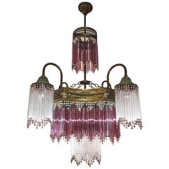 Italian Murano Art Deco Art Nouveau Pink Beaded Crystal Fringe Gilt Chandelier