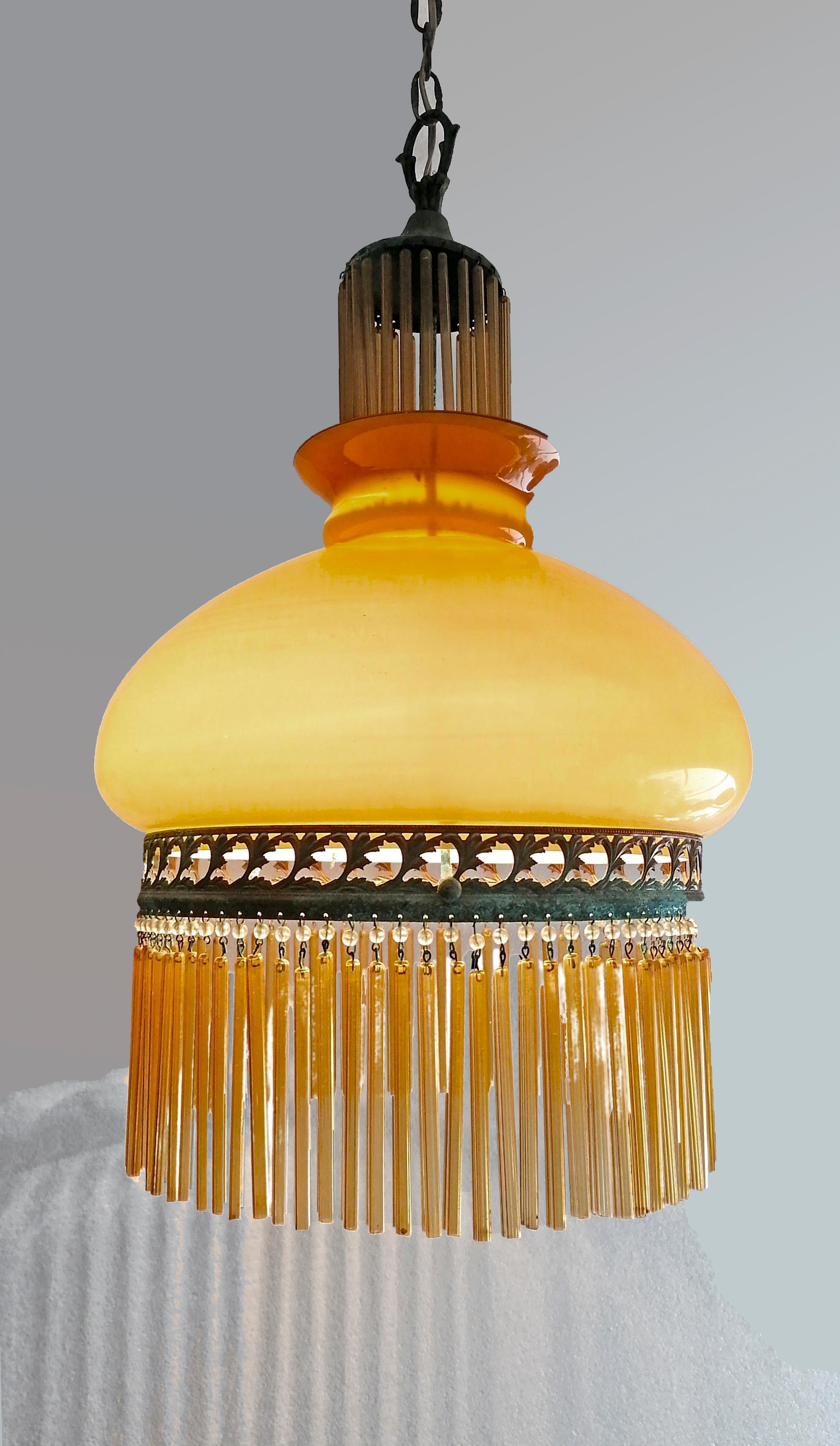 20th Century Italian Murano Art Deco Gilt Chandelier in Opaline Amber Glass & Beaded Fringe For Sale