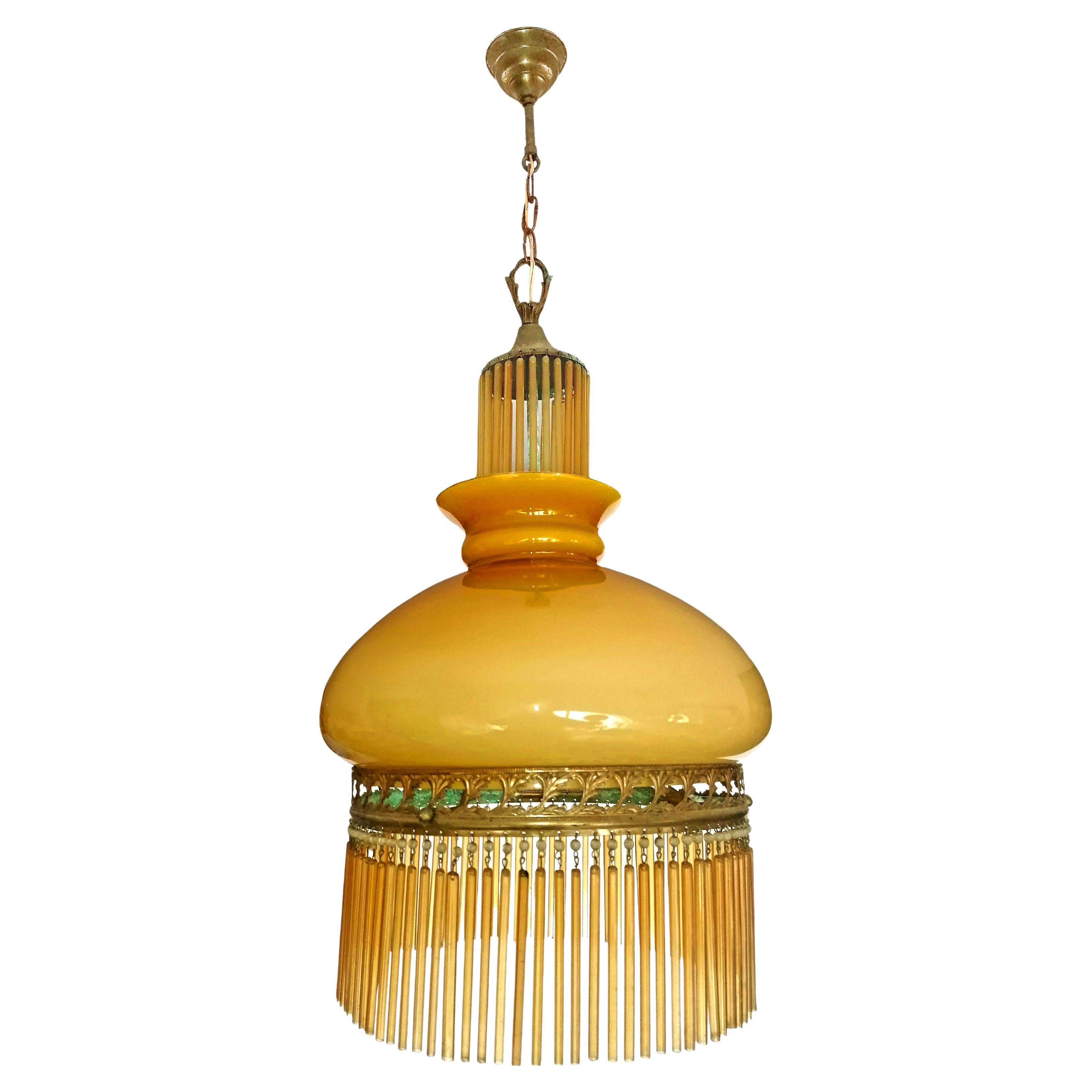 Italian Murano Art Deco Gilt Chandelier in Opaline Amber Glass & Beaded Fringe