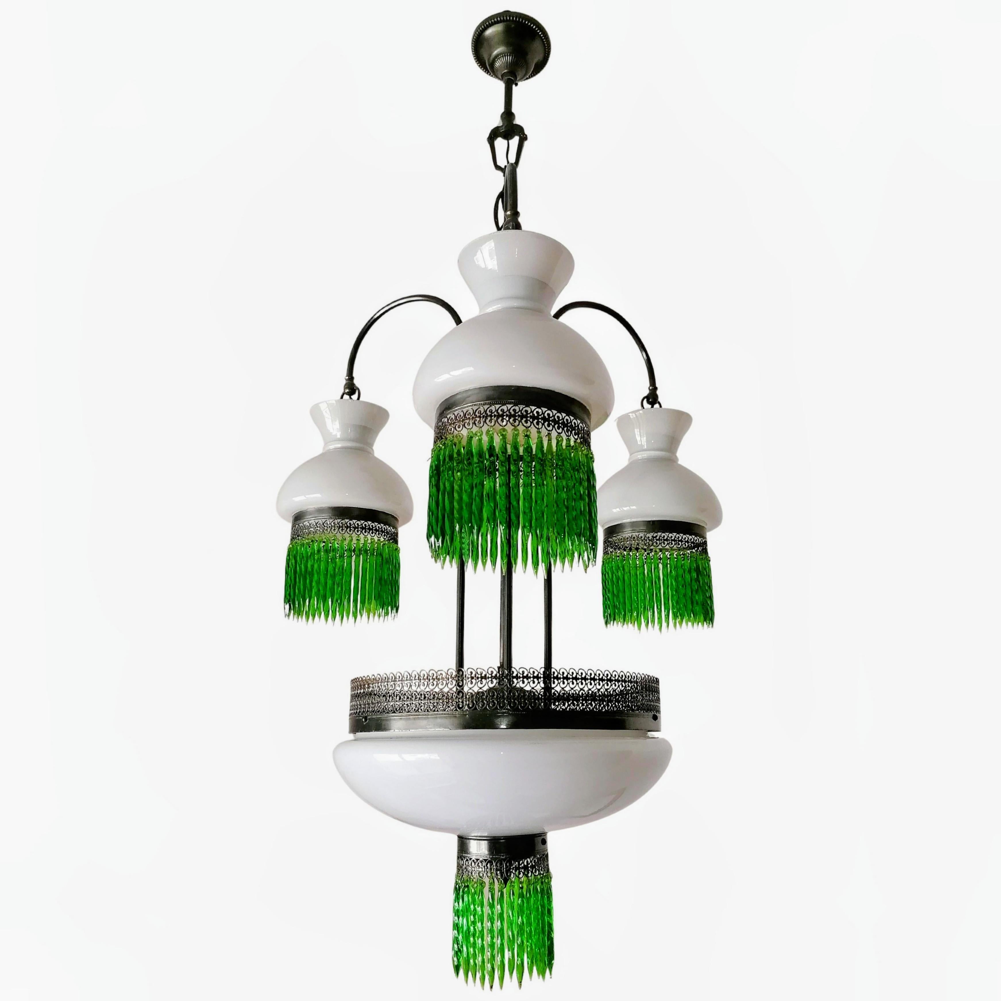 Italian Murano Art Deco in Opaline Glass & Green Crystal Fringe Chandelier c1950 For Sale 4