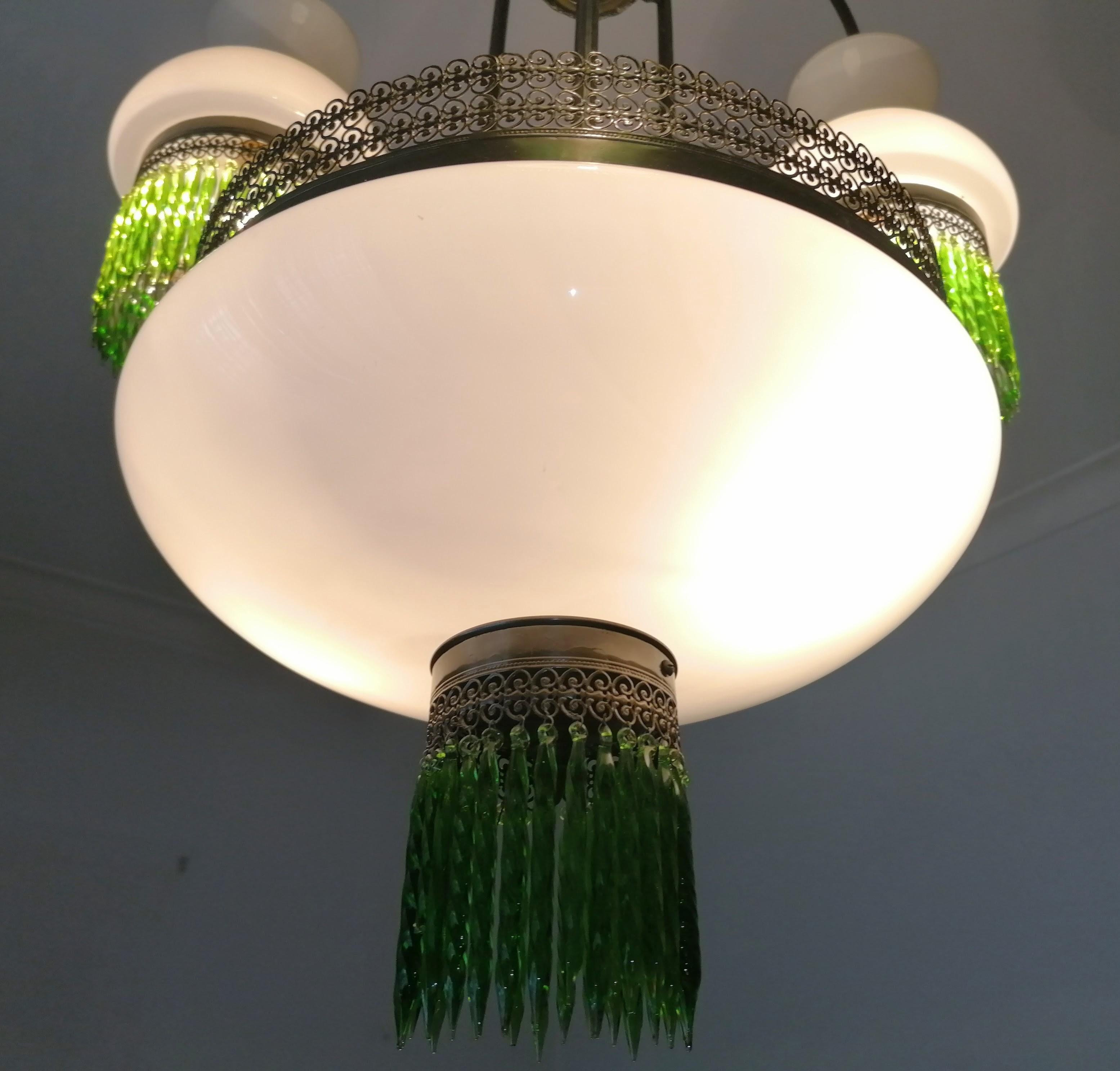 Italian Murano Art Deco in Opaline Glass & Green Crystal Fringe Chandelier c1950 For Sale 6