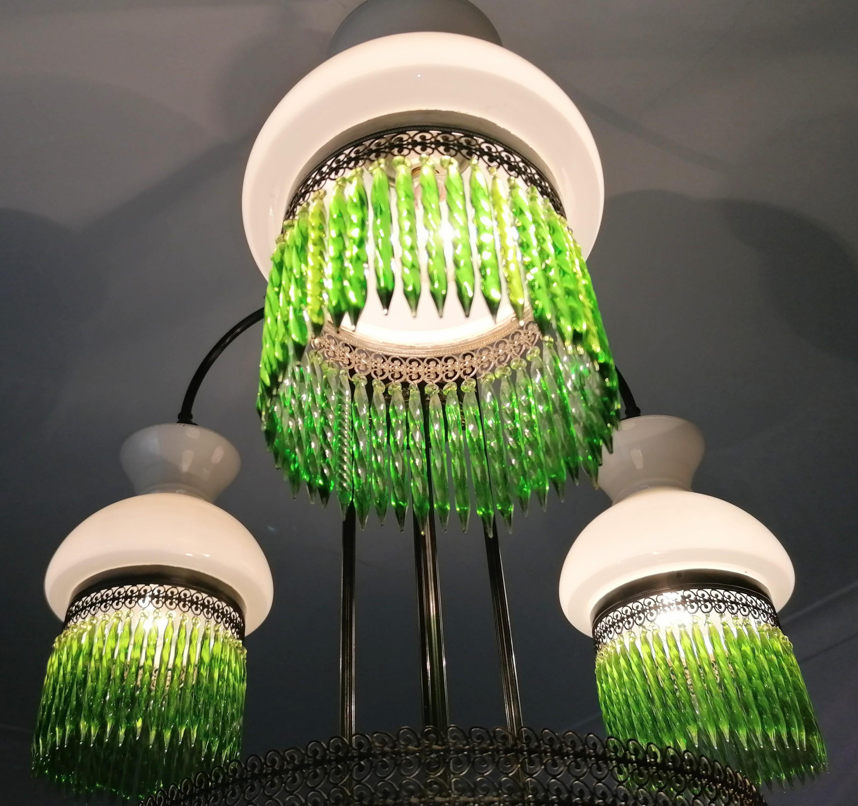 Italian Murano Art Deco in Opaline Glass & Green Crystal Fringe Chandelier c1950 For Sale 8