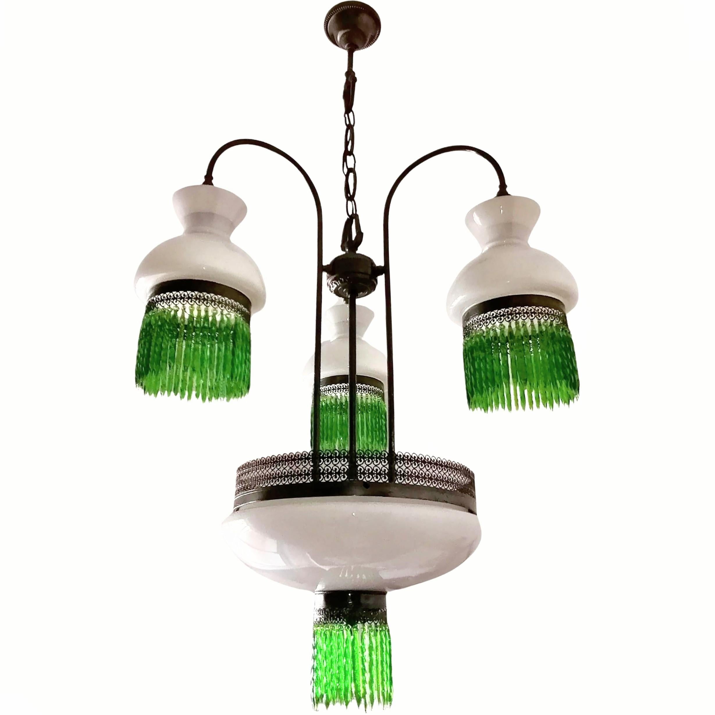 Gorgeous Mid-Century Italian chandelier in Opaline Glass & Green Crystal Glass hand crafted Fringe, in the style of Art Deco and Art Nouveau. Dark chrome structure. 

Dimentions:
Height 40 in. (chain/10 in)/ 101 cm (chain/26 cm)
Diameter 21.65 in.