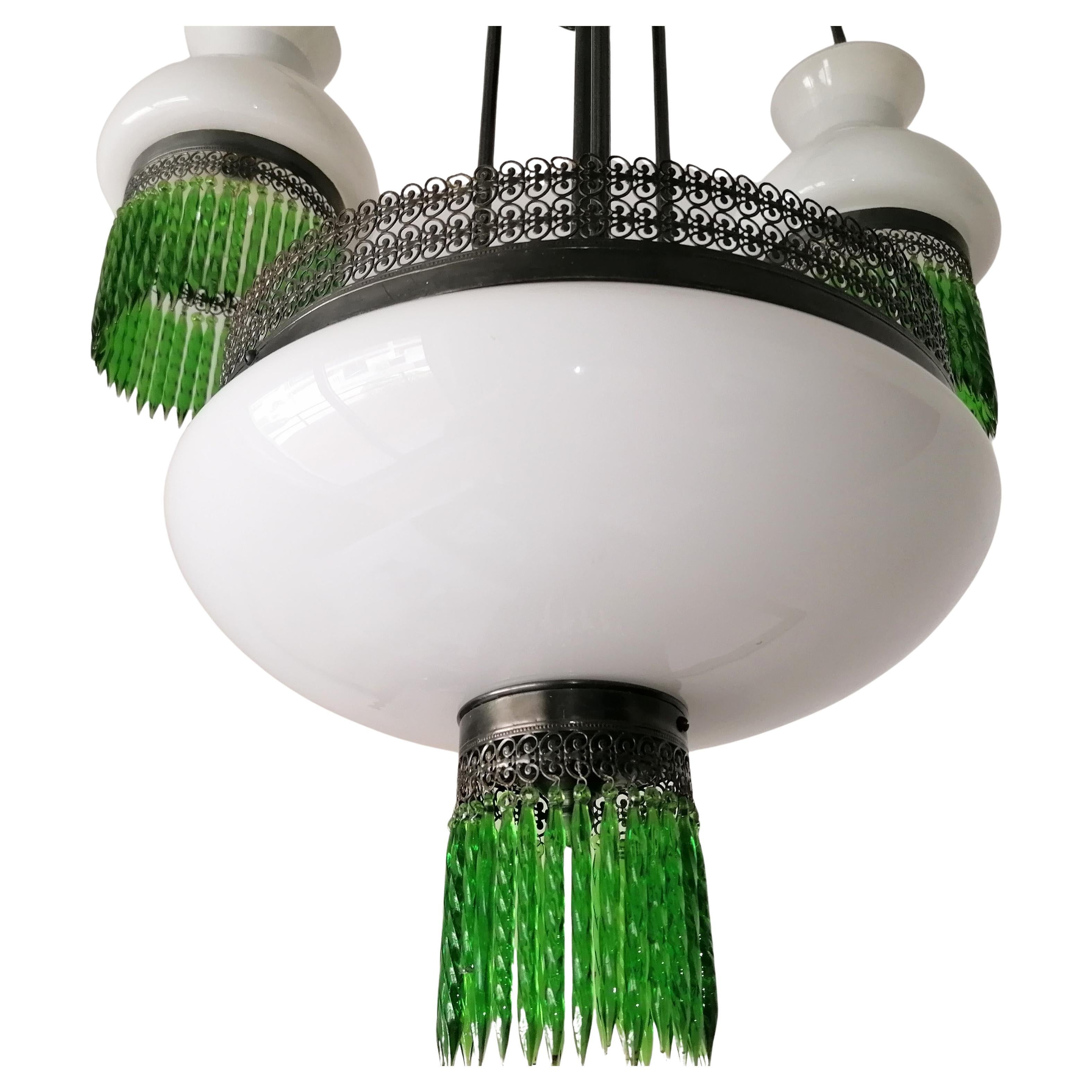 Art Nouveau Italian Murano Art Deco in Opaline Glass & Green Crystal Fringe Chandelier c1950 For Sale