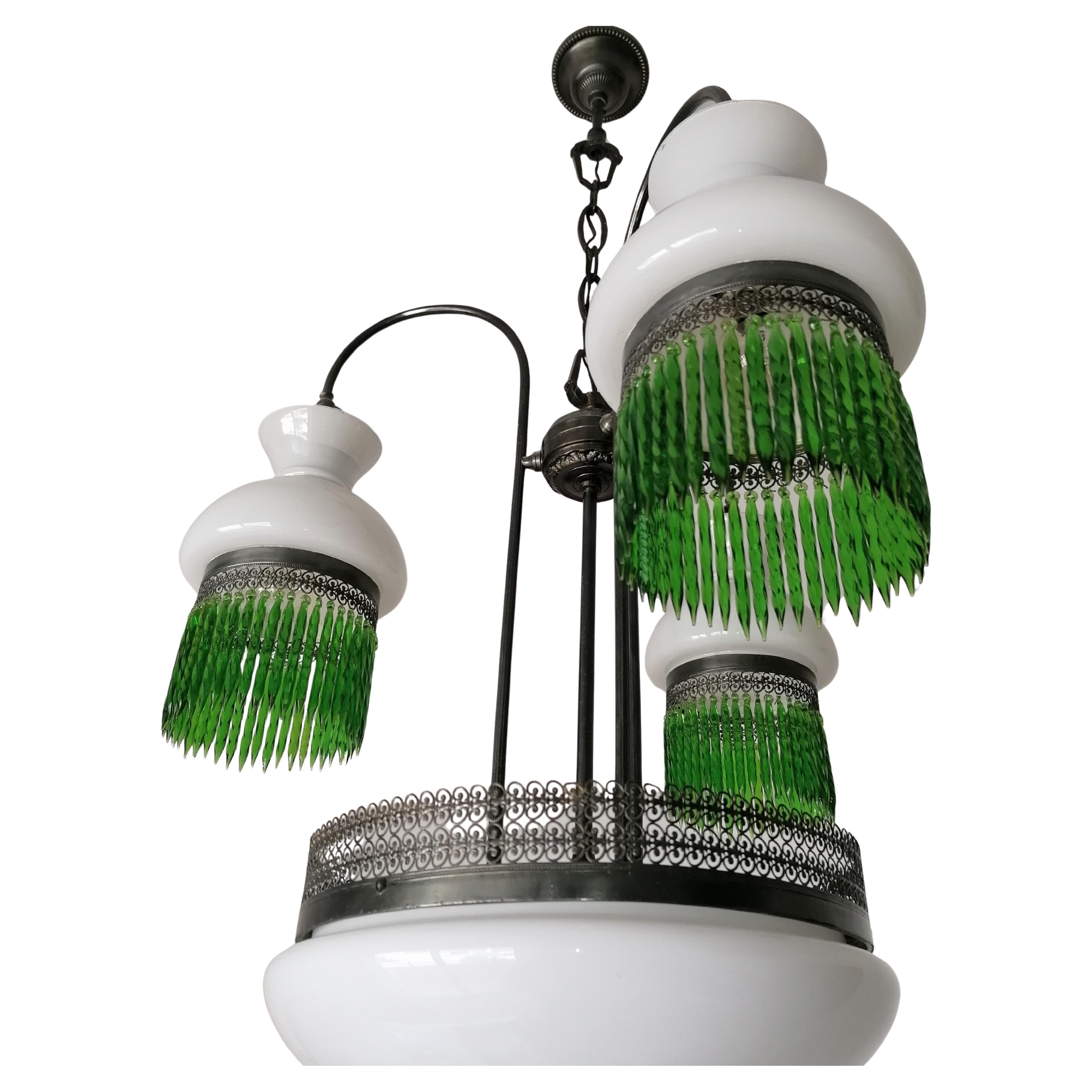 Hand-Crafted Italian Murano Art Deco in Opaline Glass & Green Crystal Fringe Chandelier c1950 For Sale