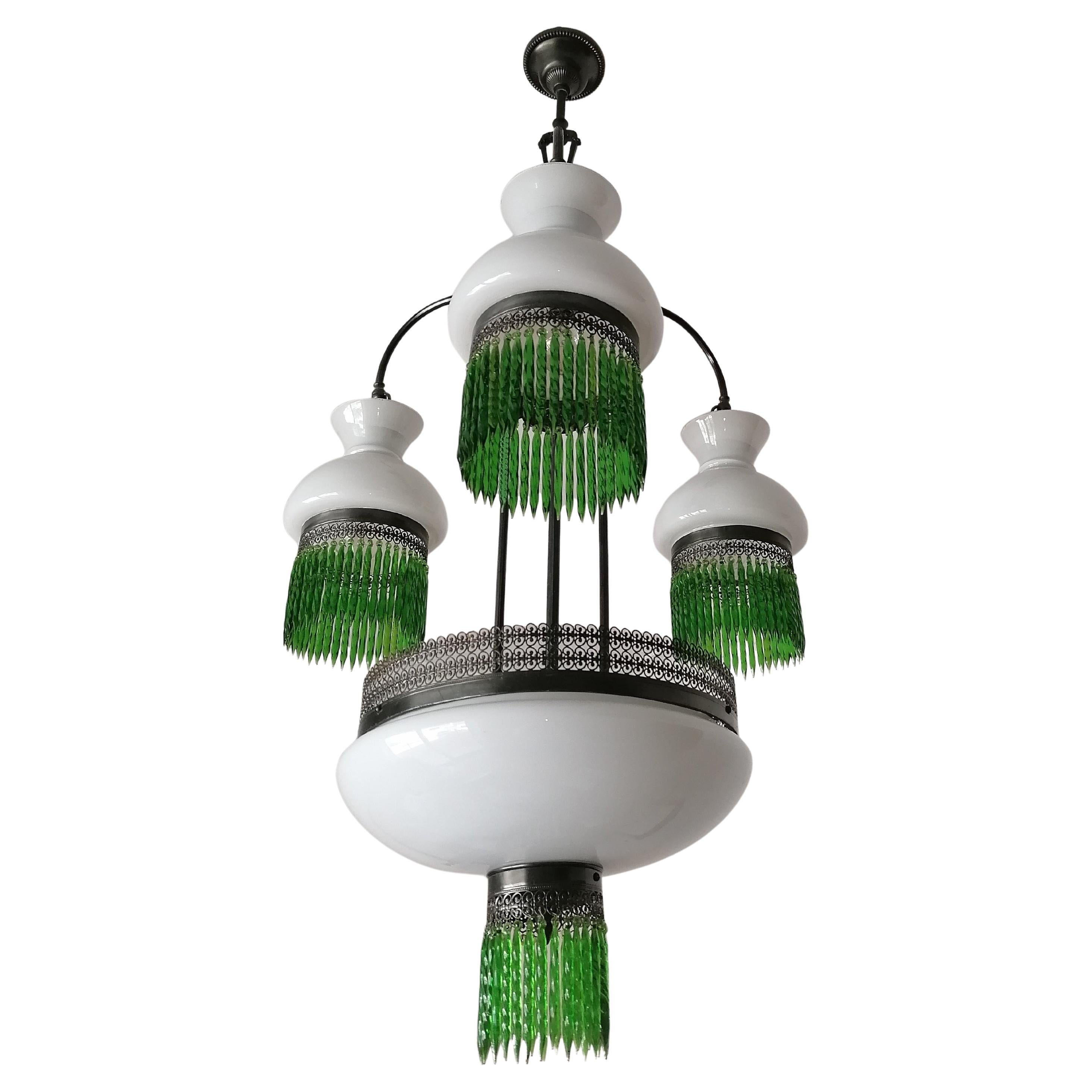 Italian Murano Art Deco in Opaline Glass & Green Crystal Fringe Chandelier c1950 In Good Condition For Sale In Coimbra, PT
