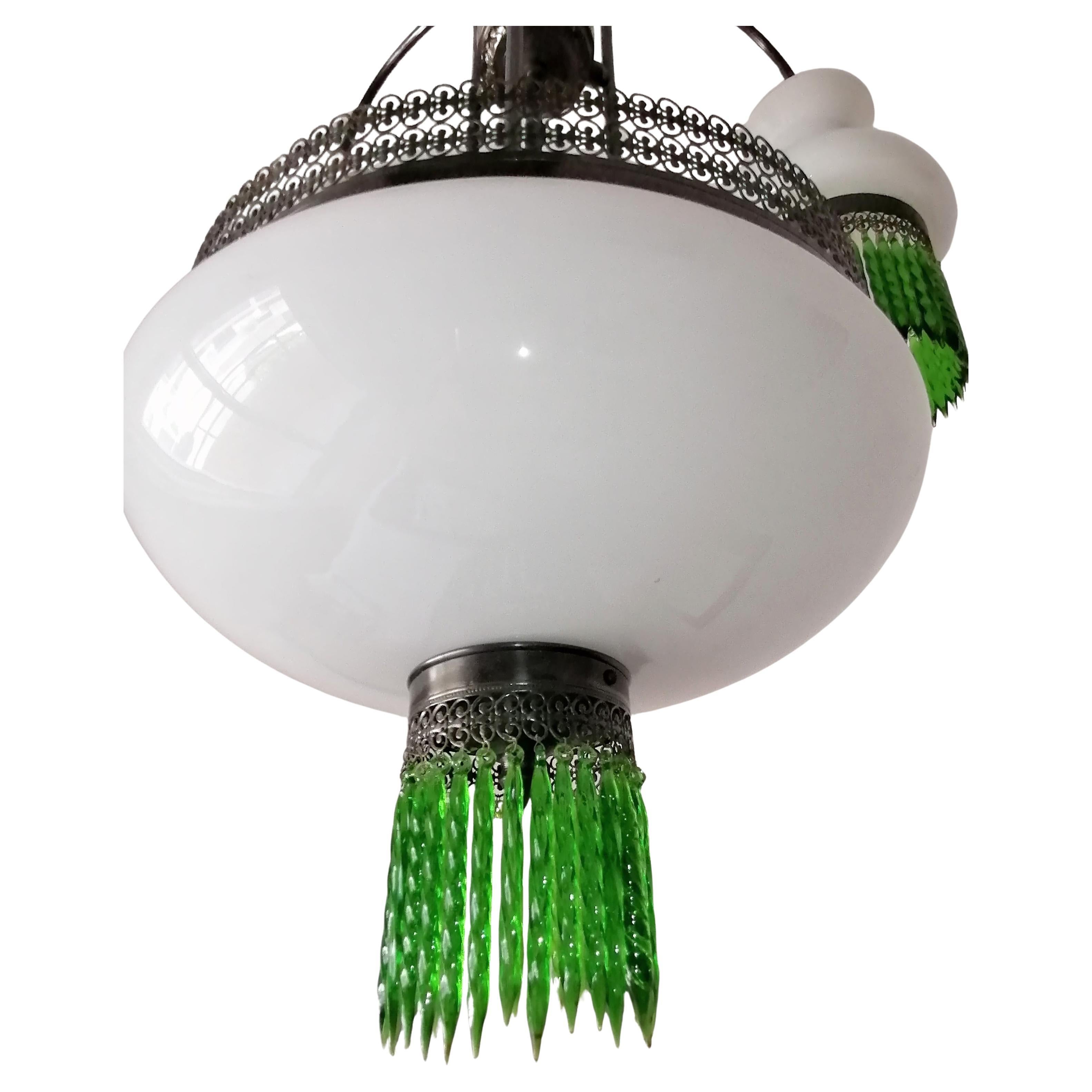 20th Century Italian Murano Art Deco in Opaline Glass & Green Crystal Fringe Chandelier c1950 For Sale
