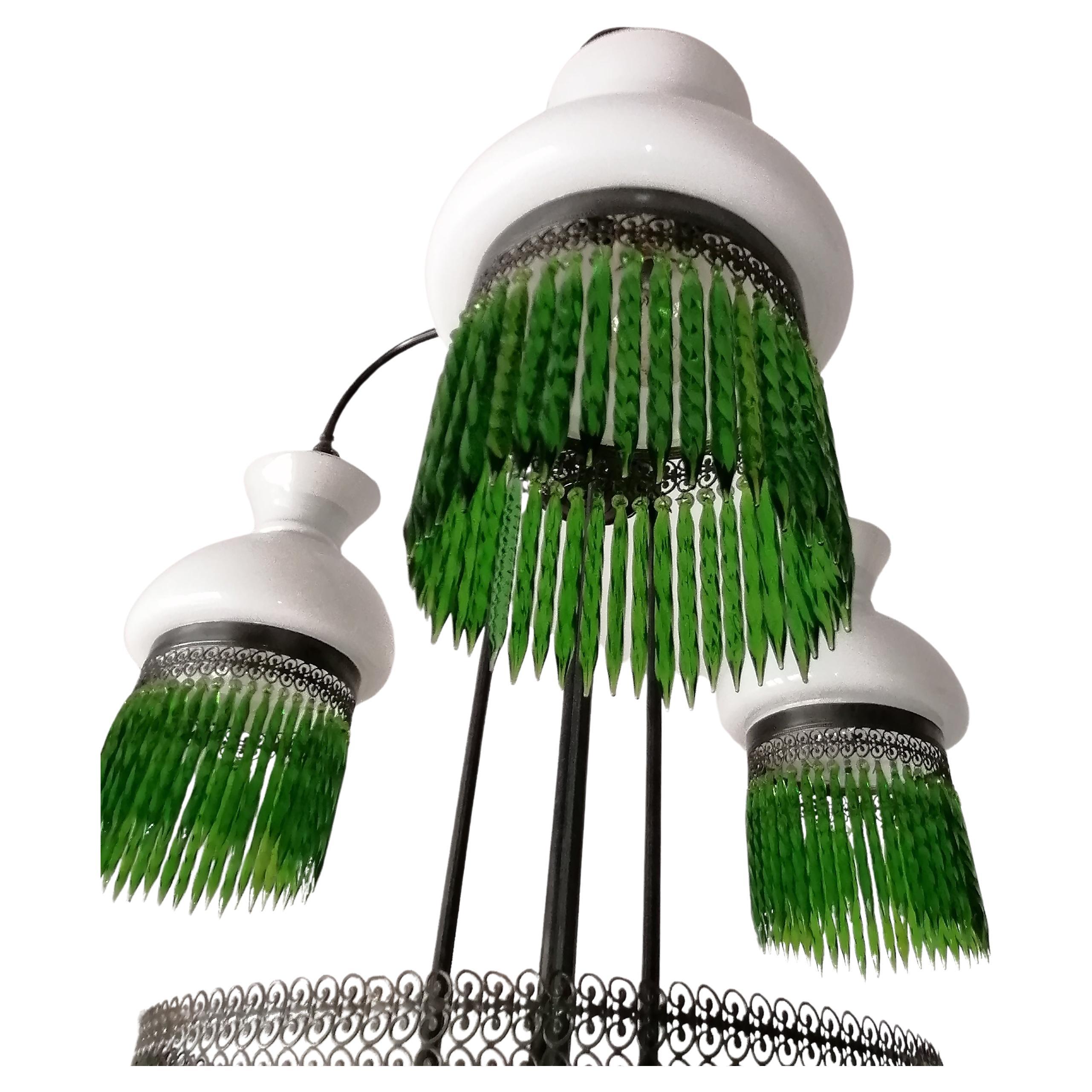 Italian Murano Art Deco in Opaline Glass & Green Crystal Fringe Chandelier c1950 For Sale 1