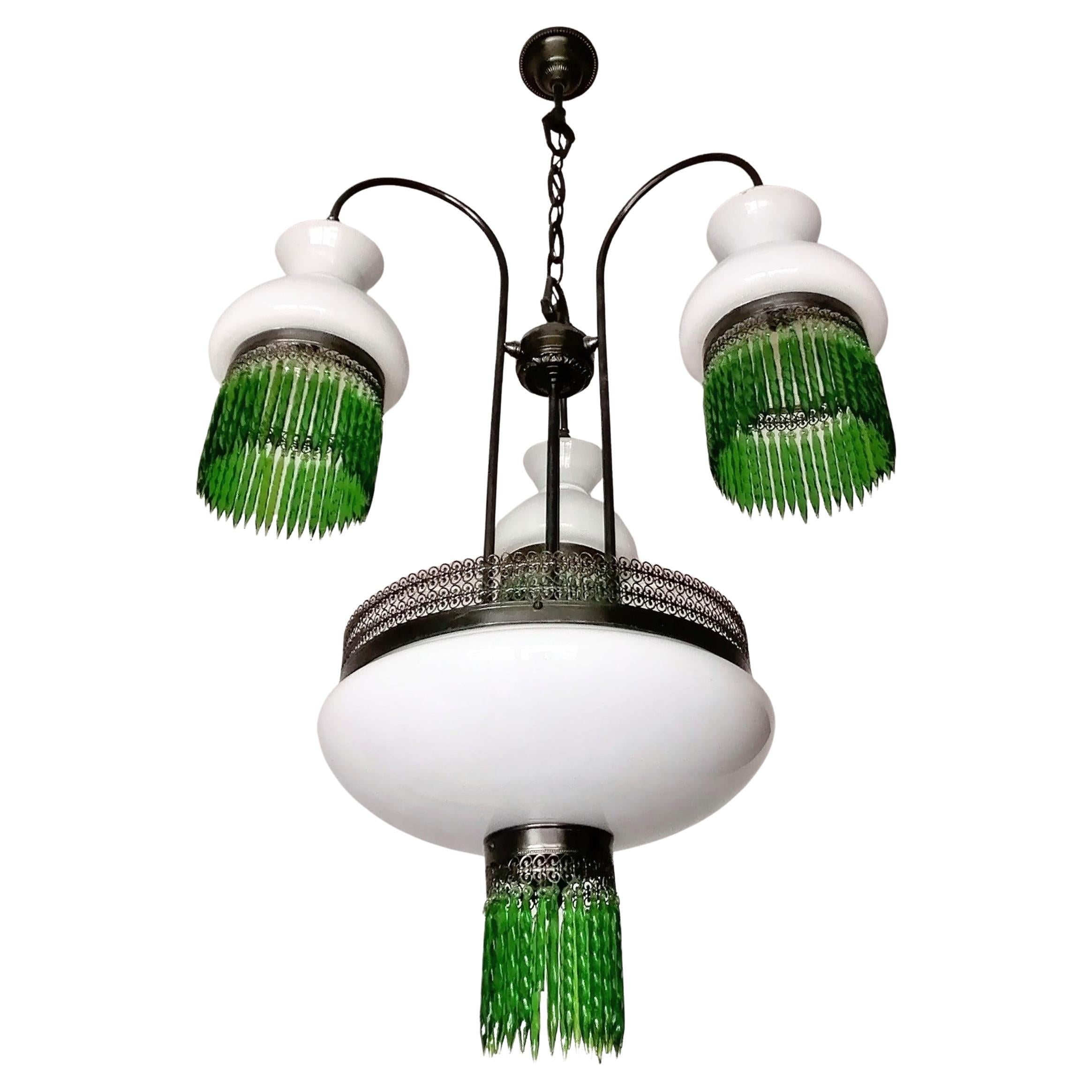 Italian Murano Art Deco in Opaline Glass & Green Crystal Fringe Chandelier c1950 For Sale 2