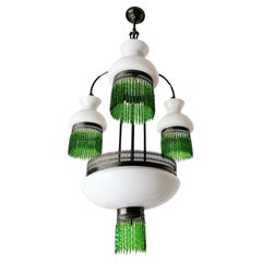 Italian Murano Art Deco in Opaline Glass & Green Crystal Fringe Chandelier c1950