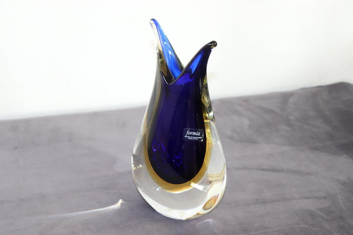 Italian Murano Art Glass Blue and Yellow Vase 1970s with Original Label For Sale 6