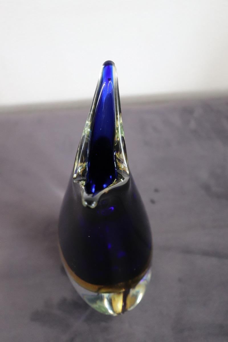 Italian Murano Art Glass Blue and Yellow Vase 1970s with Original Label For Sale 8