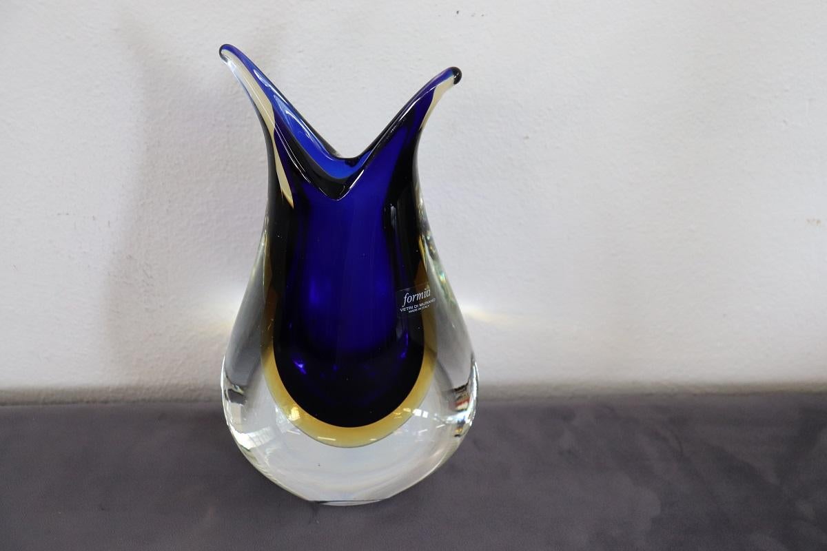 Italian Murano Art Glass Blue and Yellow Vase 1970s with Original Label In Excellent Condition For Sale In Casale Monferrato, IT