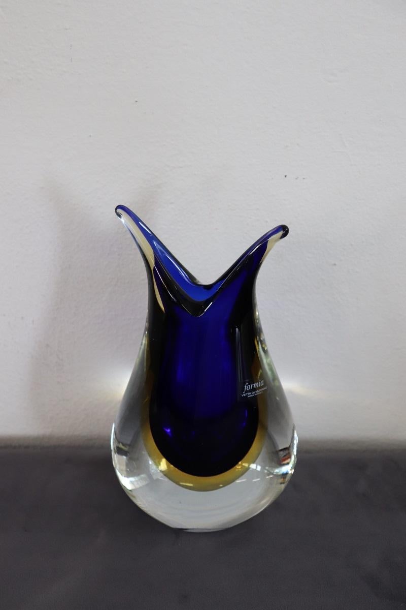 Late 20th Century Italian Murano Art Glass Blue and Yellow Vase 1970s with Original Label For Sale