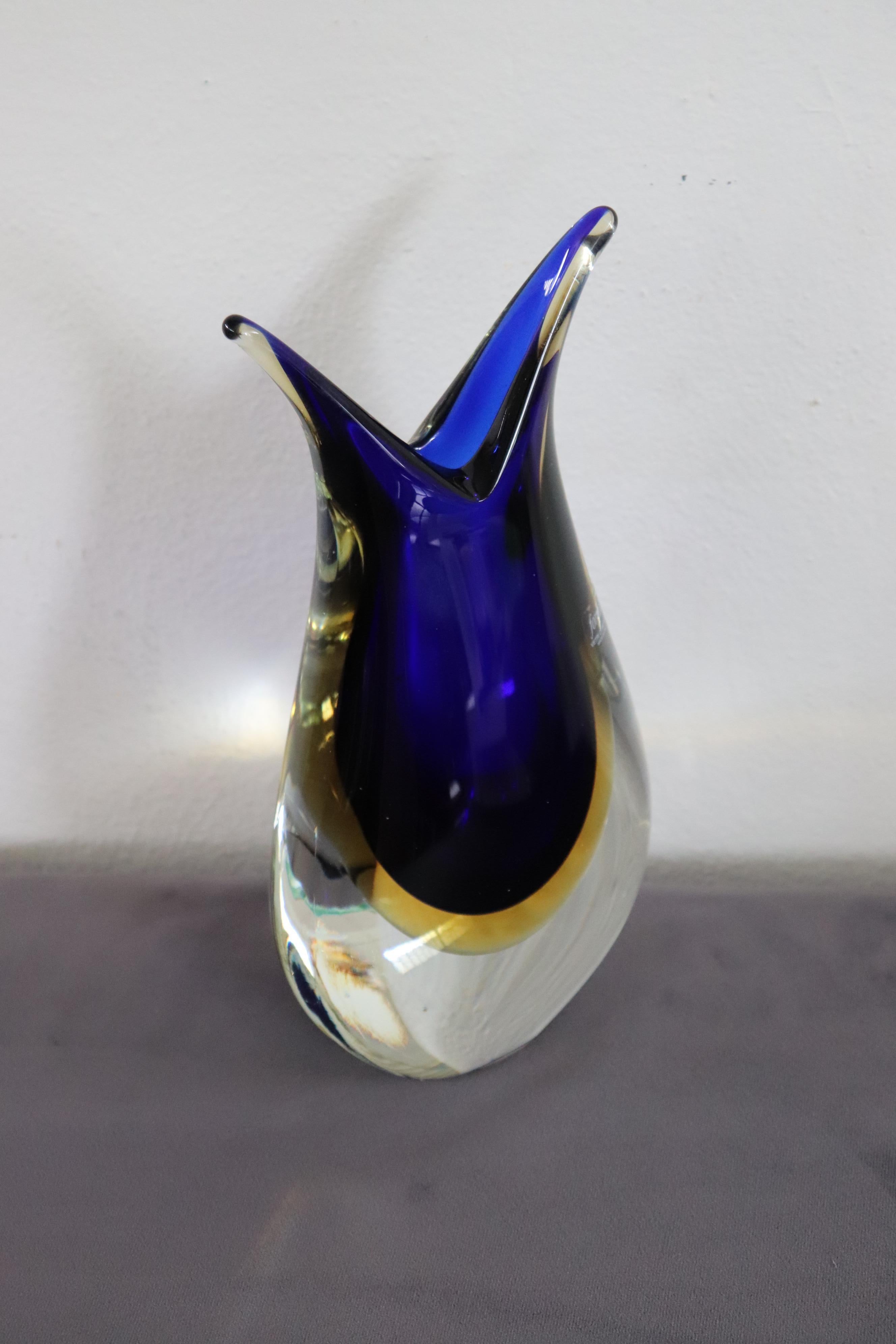 Italian Murano Art Glass Blue and Yellow Vase 1970s with Original Label For Sale 1
