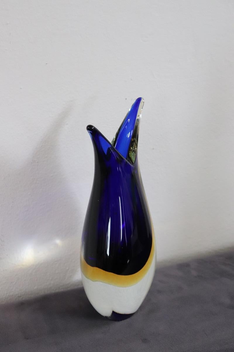Italian Murano Art Glass Blue and Yellow Vase 1970s with Original Label For Sale 2