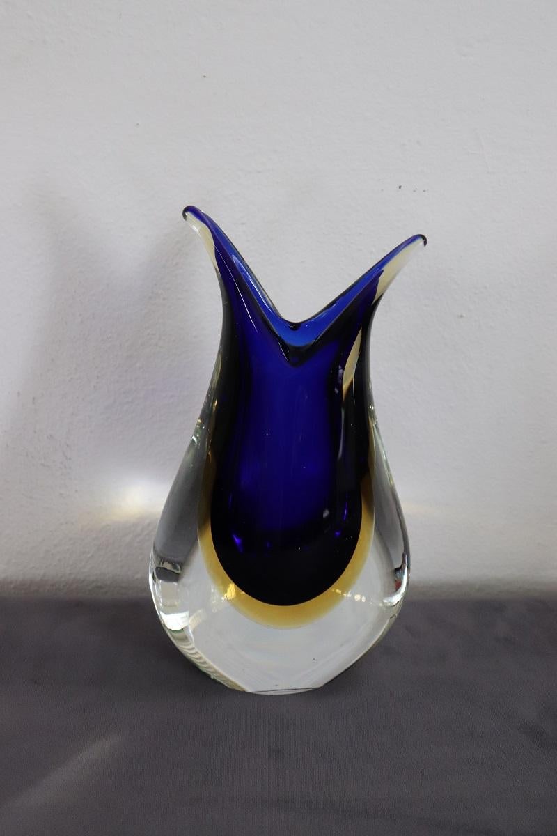 Italian Murano Art Glass Blue and Yellow Vase 1970s with Original Label For Sale 3
