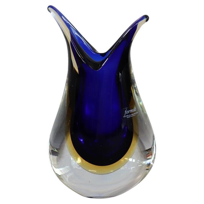 Italian Murano Art Glass Blue and Yellow Vase 1970s with Original Label For Sale