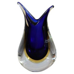 Vintage Italian Murano Art Glass Blue and Yellow Vase 1970s with Original Label