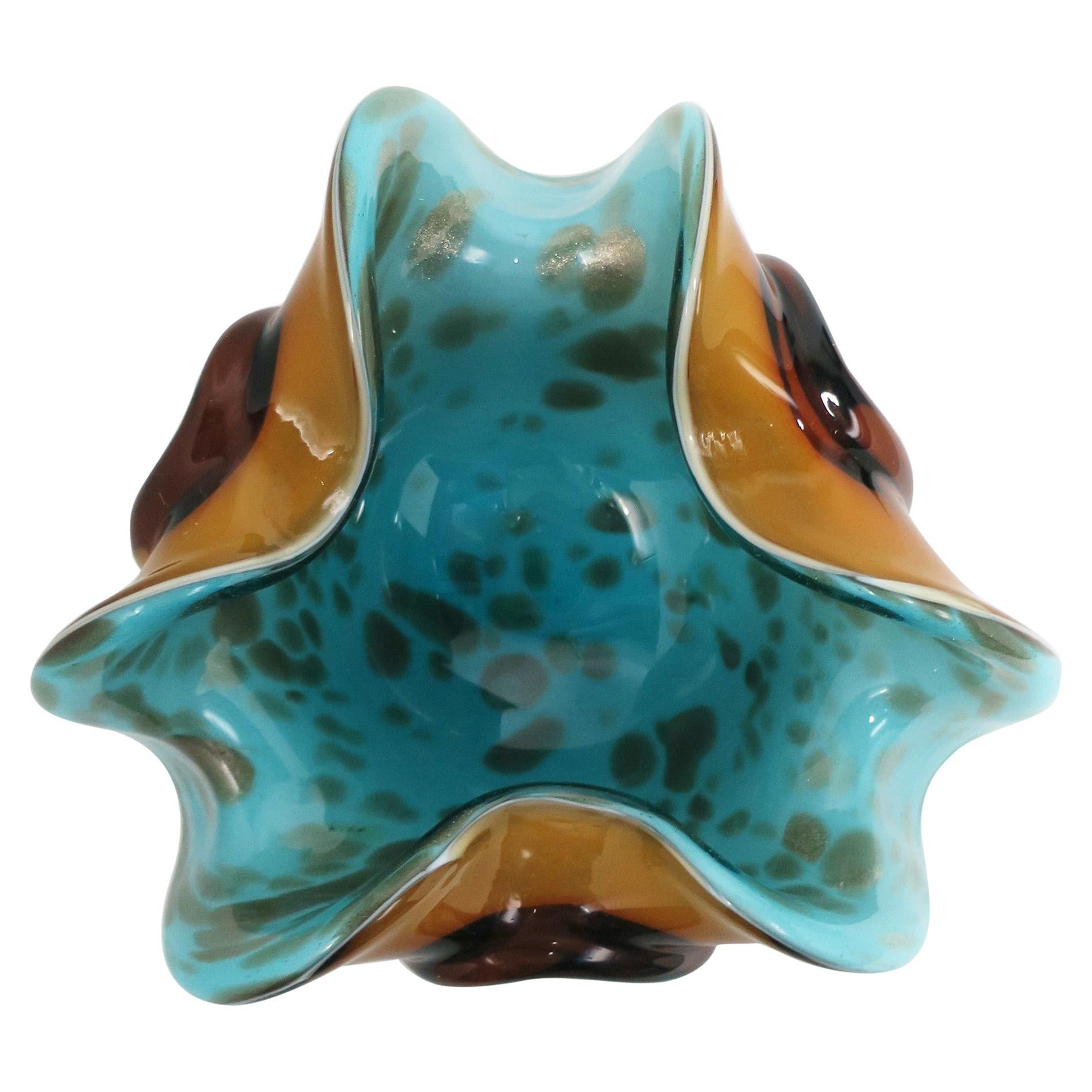 Italian Murano Art Glass Bowl in Turquoise Blue and Gold, circa 1960s