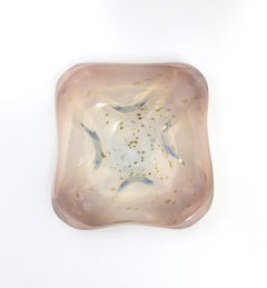 Italian Murano Art Glass Bowl White Opaline, Pink and Shimmering Gold Drops