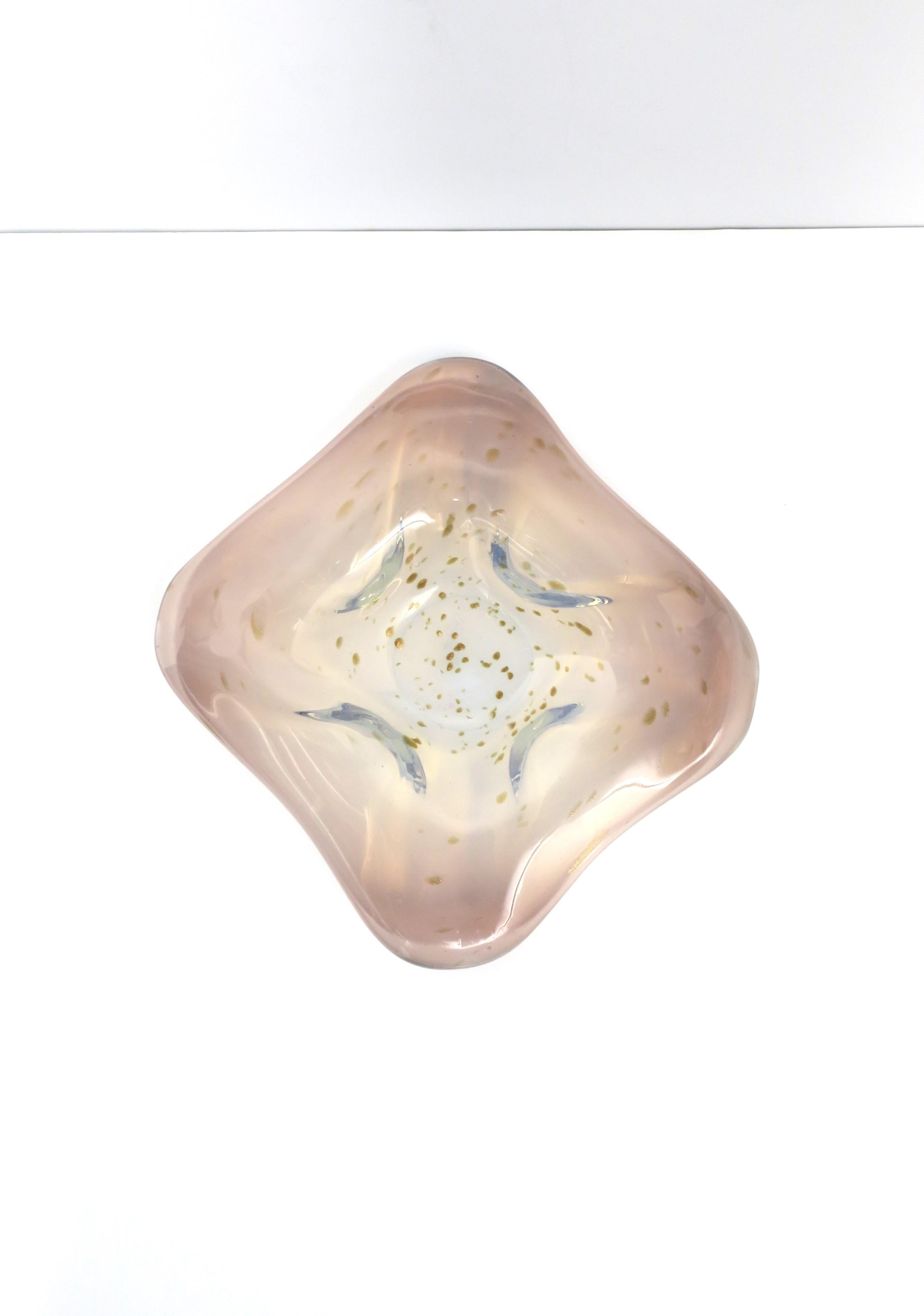 Mid-Century Modern Italian Murano Art Glass Bowl White Opaline, Pink and Shimmering Gold Drops For Sale