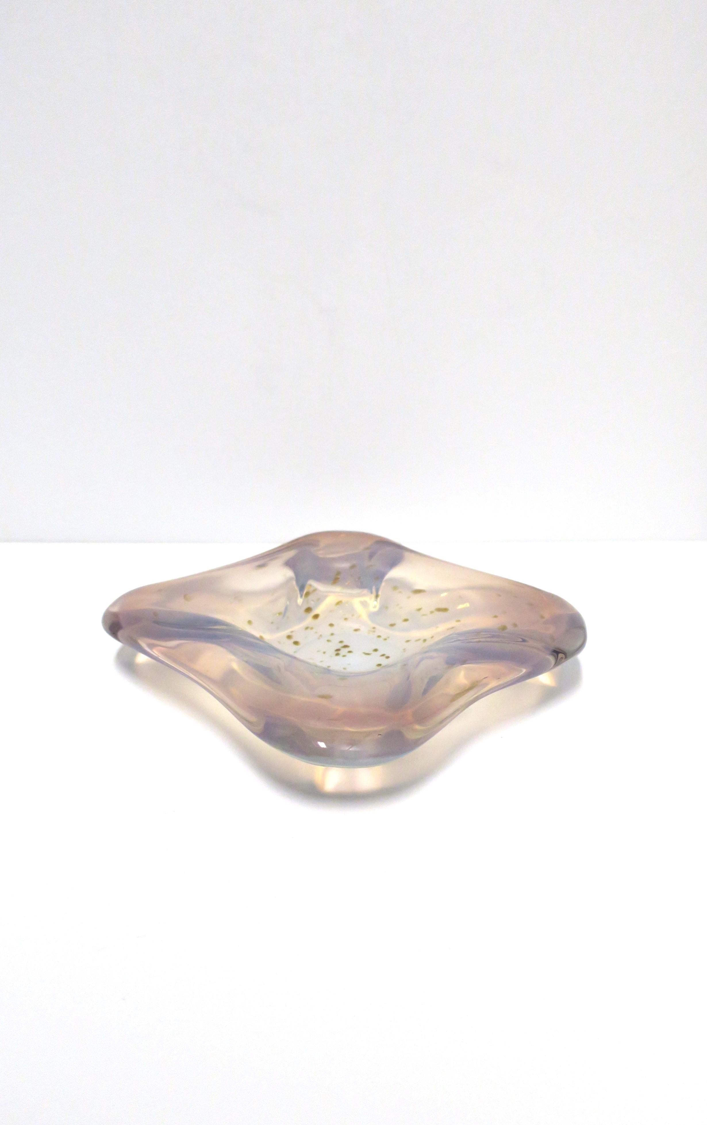 Italian Murano Art Glass Bowl White Opaline, Pink and Shimmering Gold Drops For Sale 1