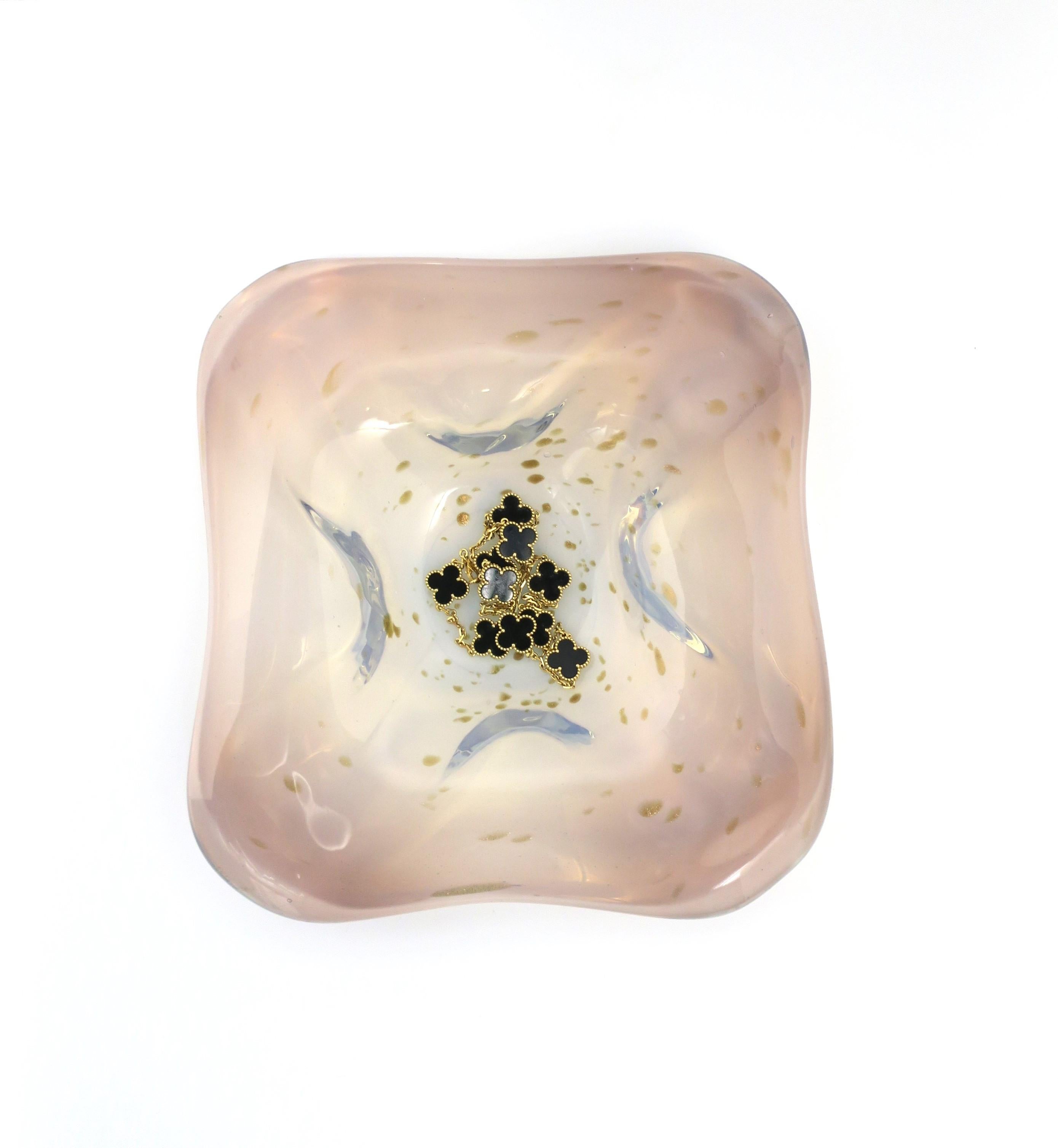 Italian Murano Art Glass Bowl White Opaline, Pink and Shimmering Gold Drops For Sale 2