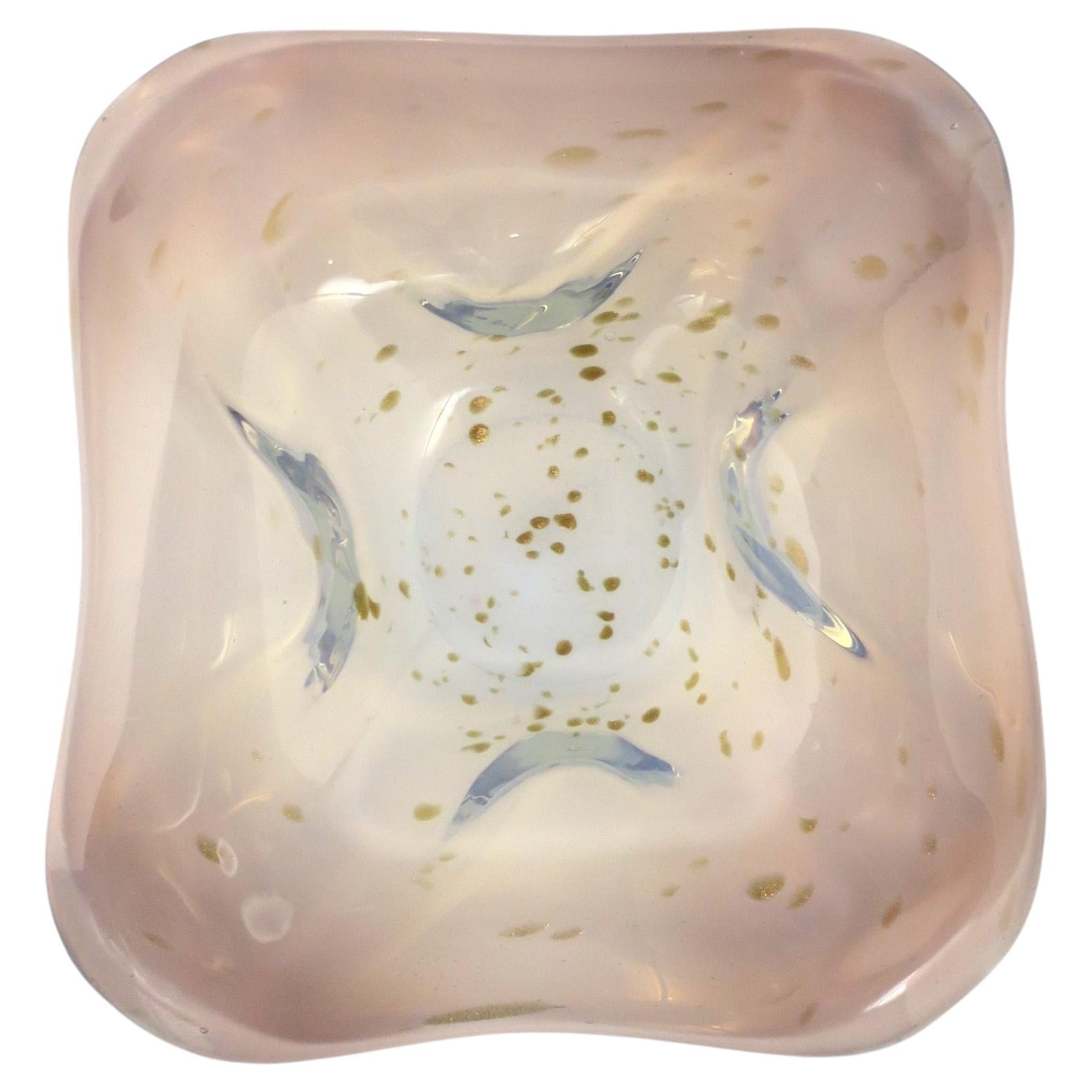 Italian Murano Art Glass Bowl White Opaline, Pink and Shimmering Gold Drops For Sale