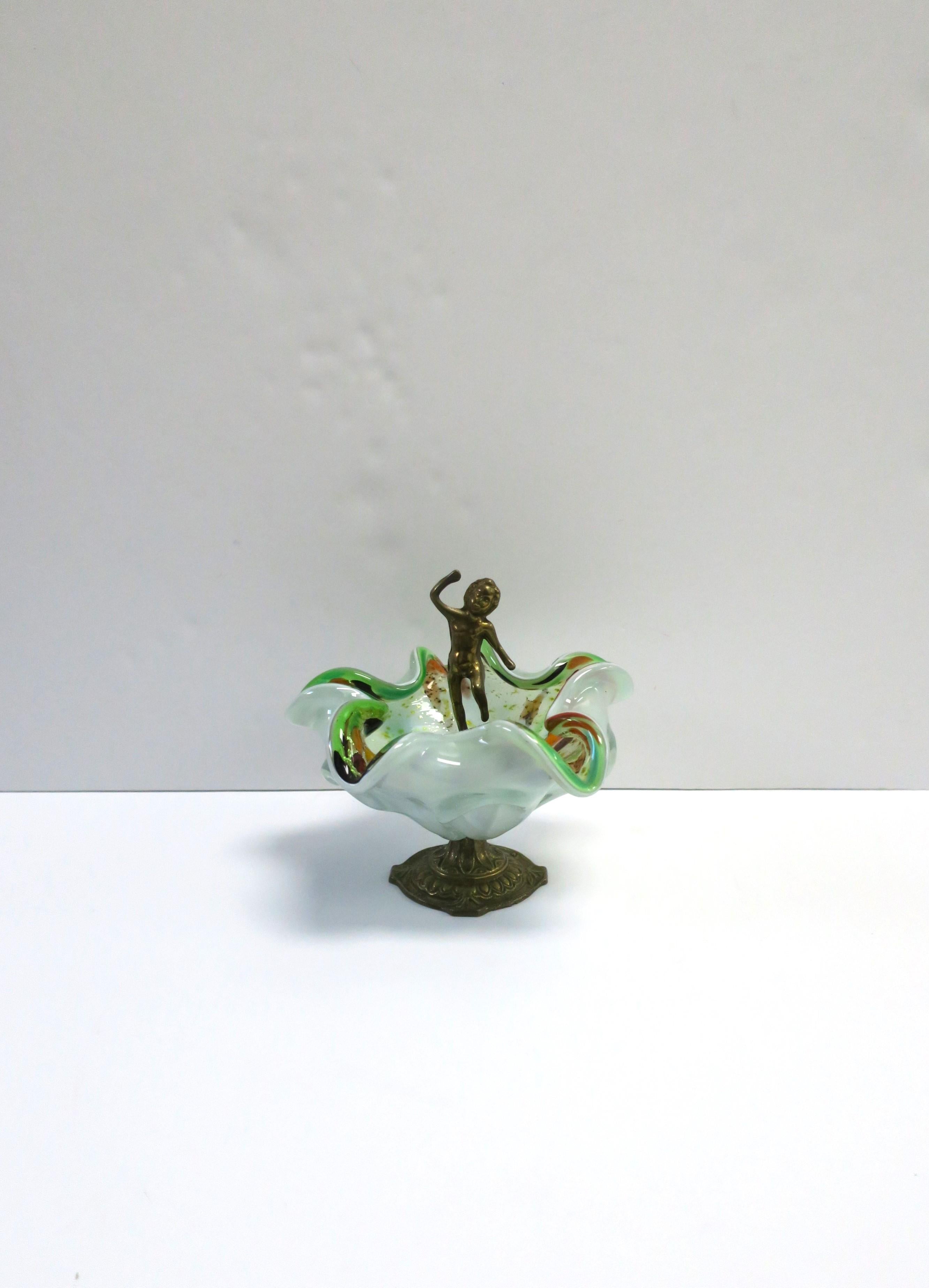 Mid-Century Modern Italian Murano Art Glass Bowl with Brass Nude Male Figure, 1960s For Sale