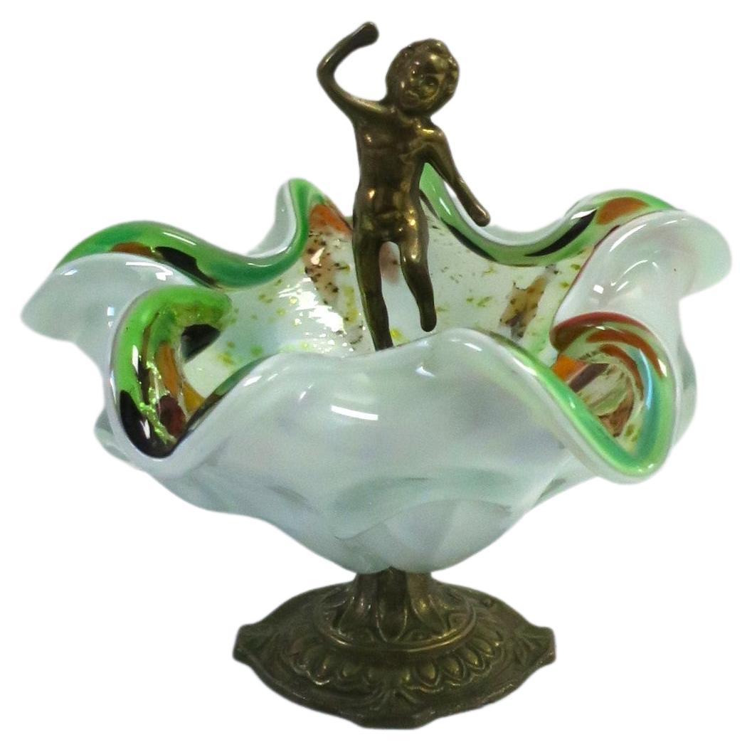 Italian Murano Art Glass Bowl with Brass Nude Male Figure, 1960s For Sale