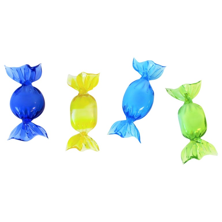 Italian Murano Art Glass Candy Pieces Blue Yellow Green, Set of 4 For Sale