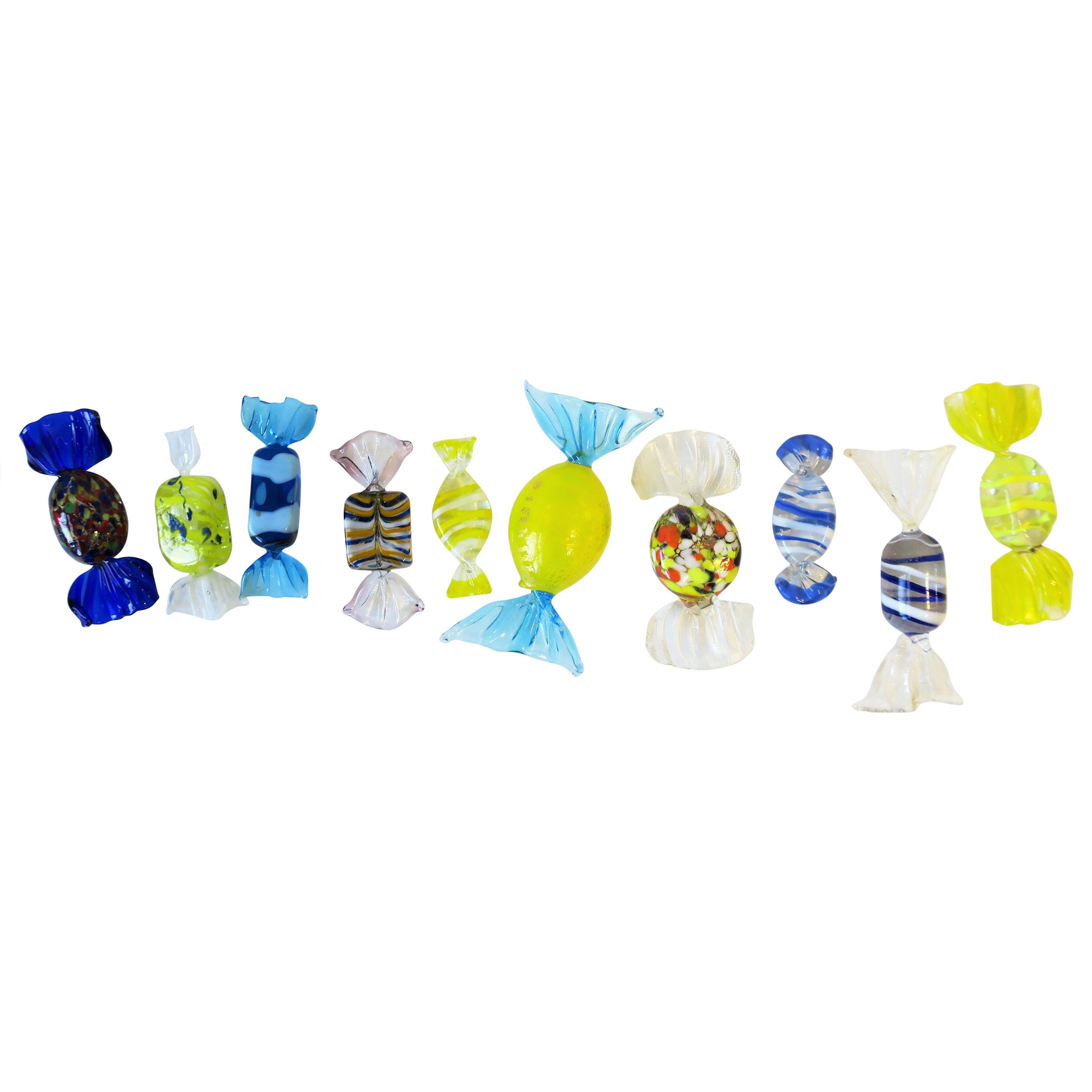 Italian Murano Art Glass Candy Pieces in Blue White Yellow
