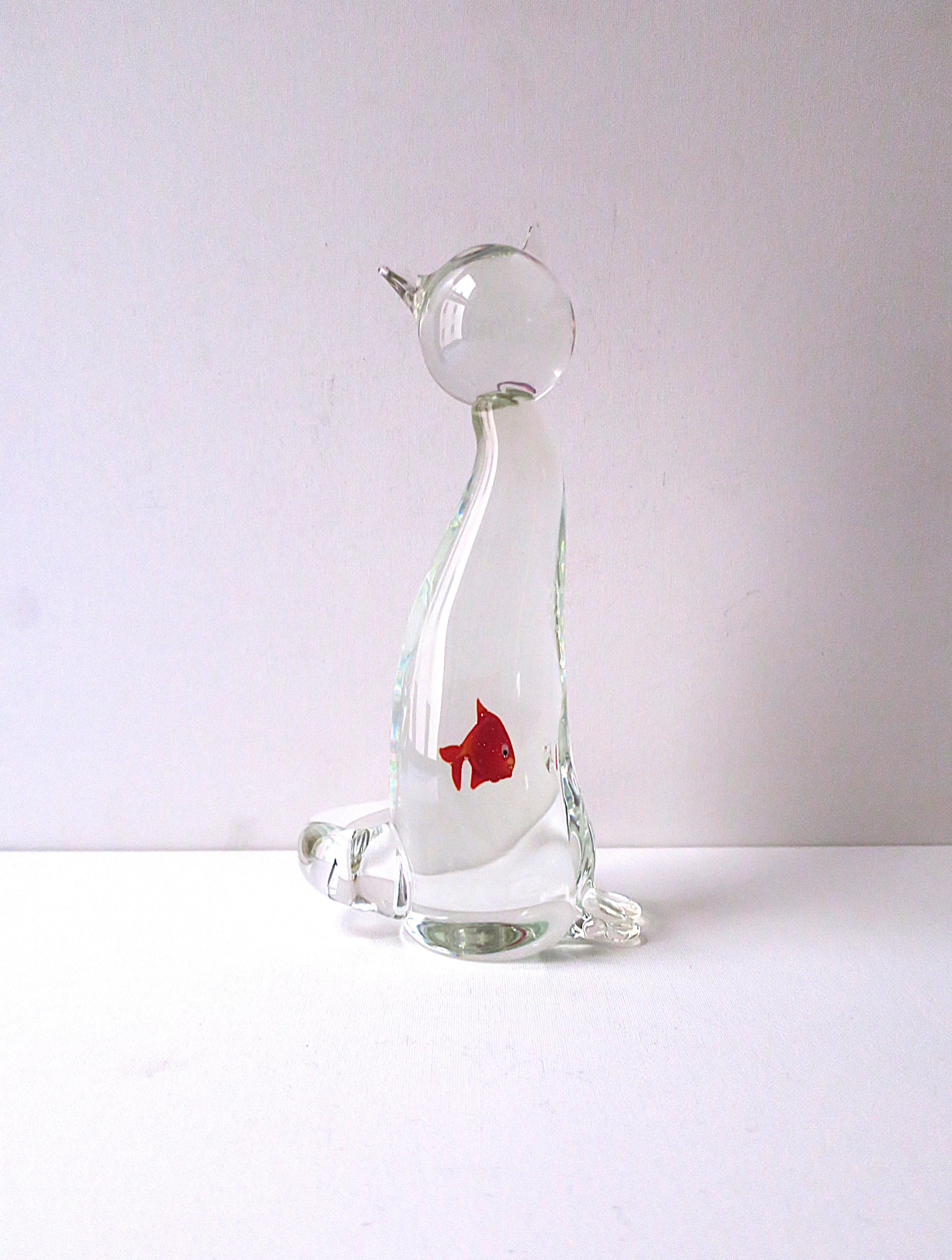 Italian Murano Art Glass Cat and Goldfish Sculpture For Sale 5