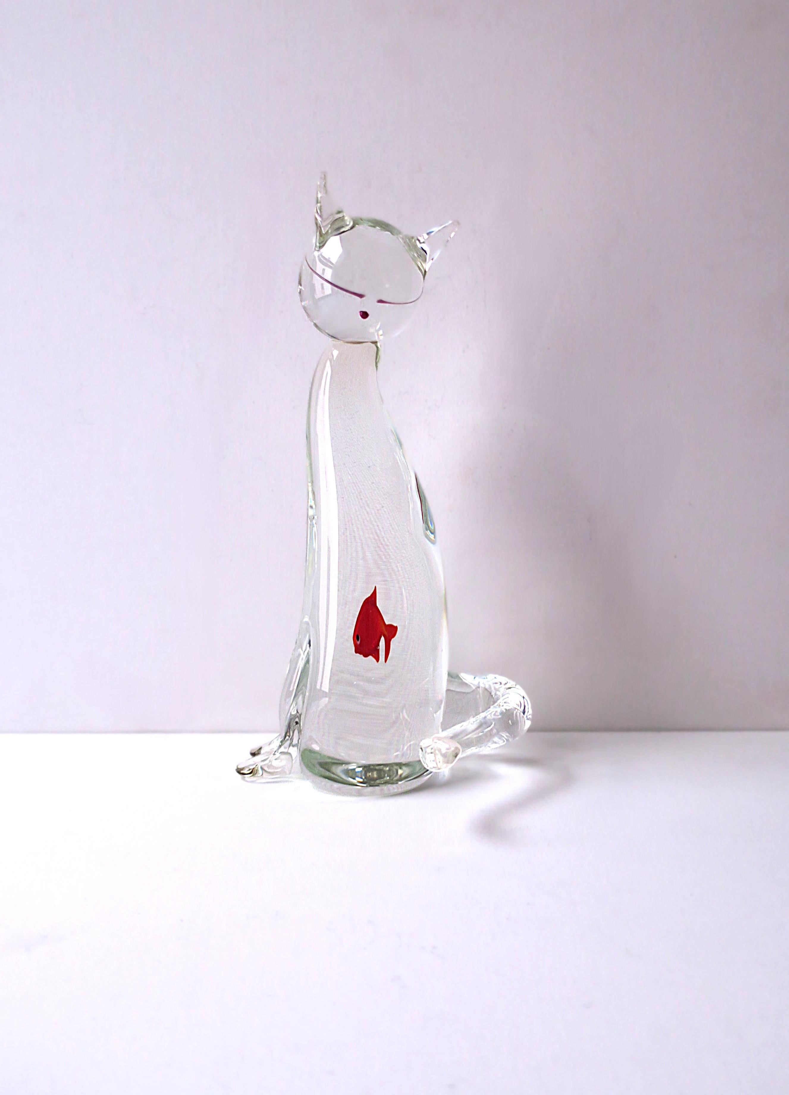 Modern Italian Murano Art Glass Cat and Goldfish Sculpture For Sale