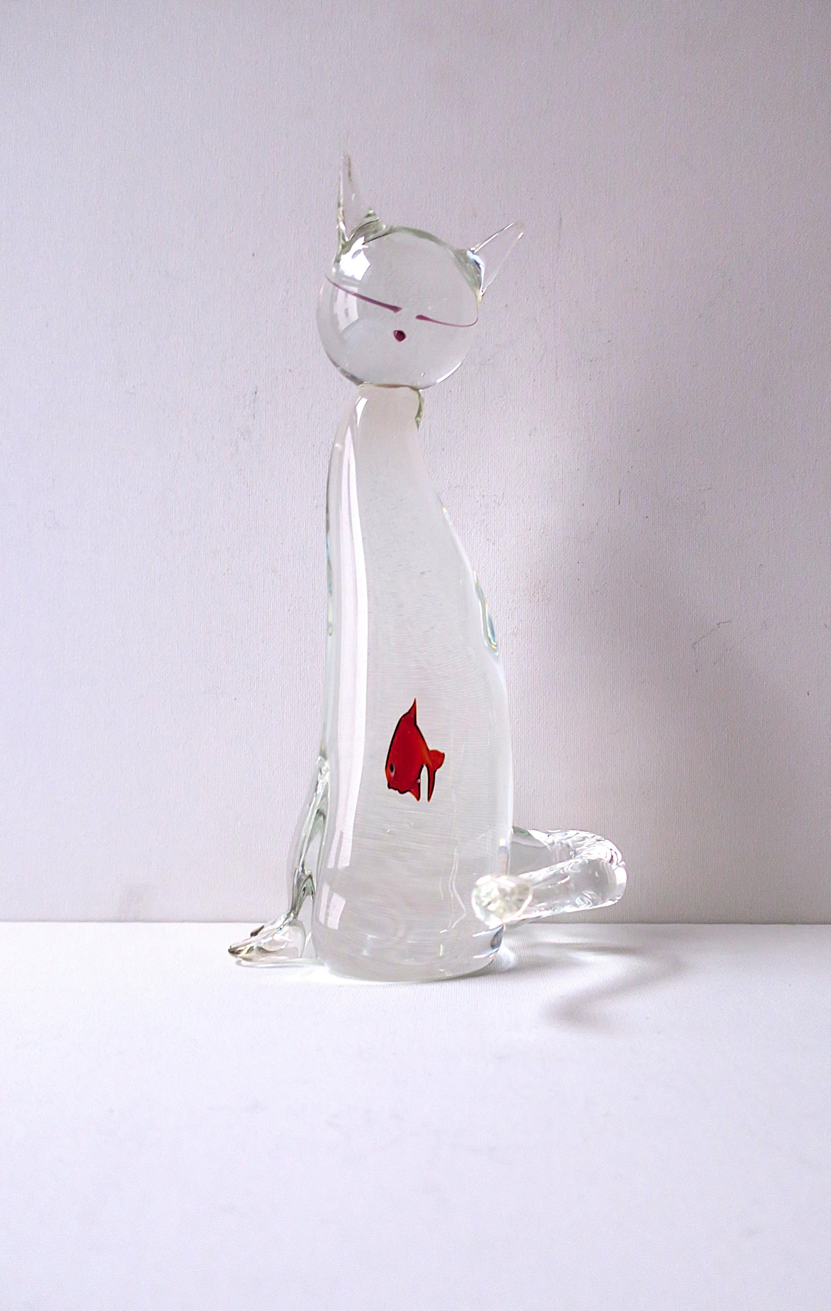 Hand-Crafted Italian Murano Art Glass Cat and Goldfish Sculpture For Sale