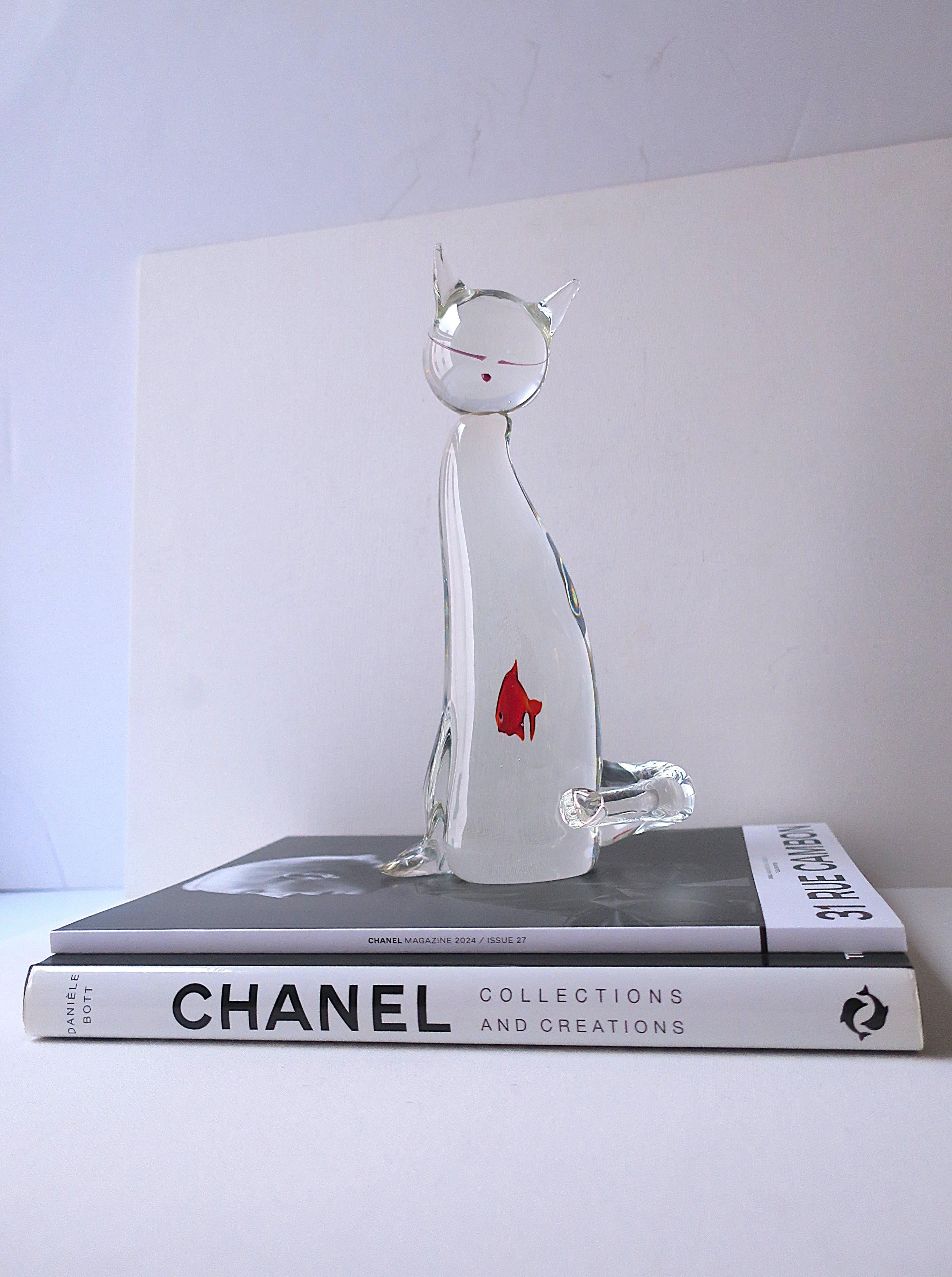 20th Century Italian Murano Art Glass Cat and Goldfish Sculpture For Sale
