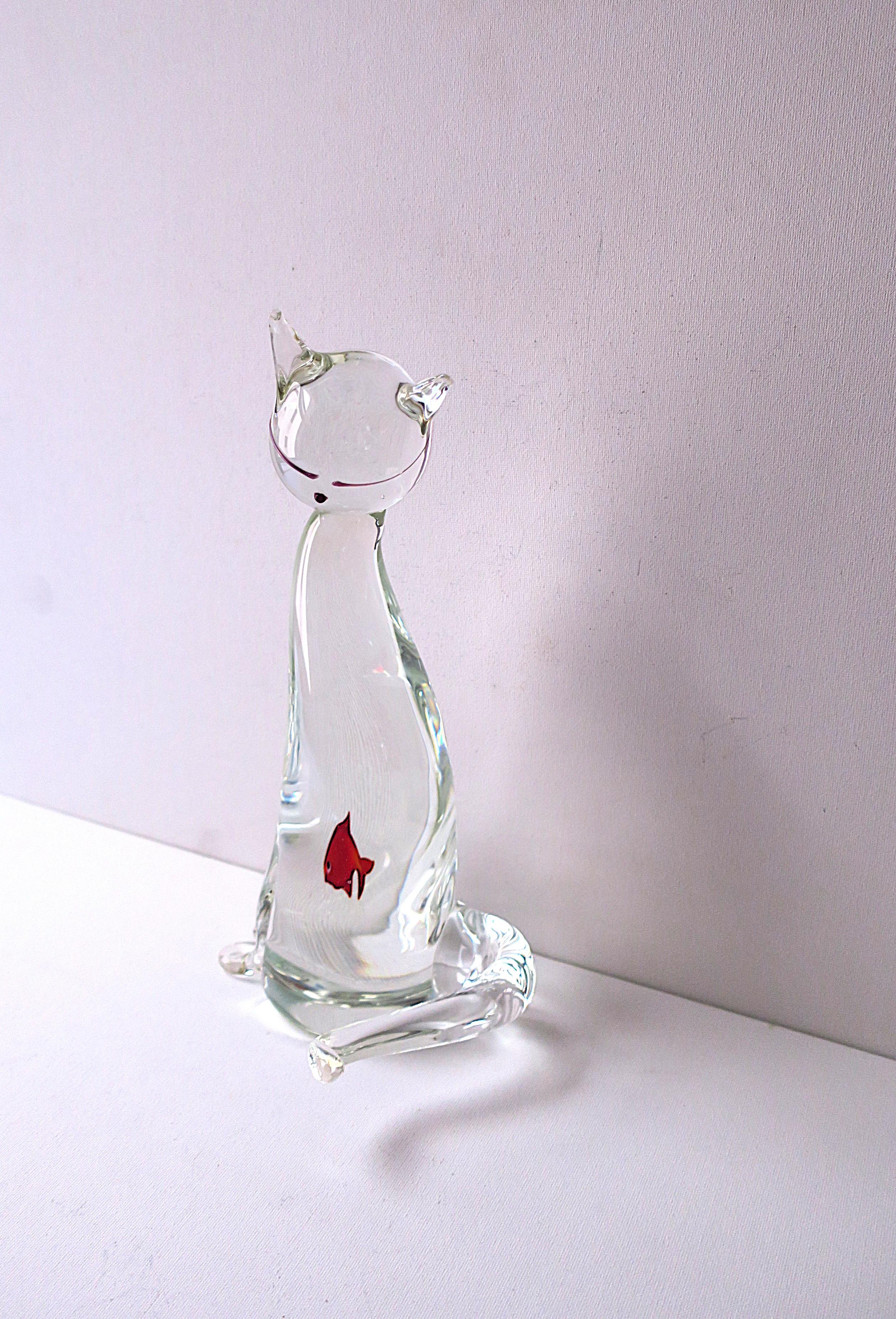 Italian Murano Art Glass Cat and Goldfish Sculpture For Sale 3