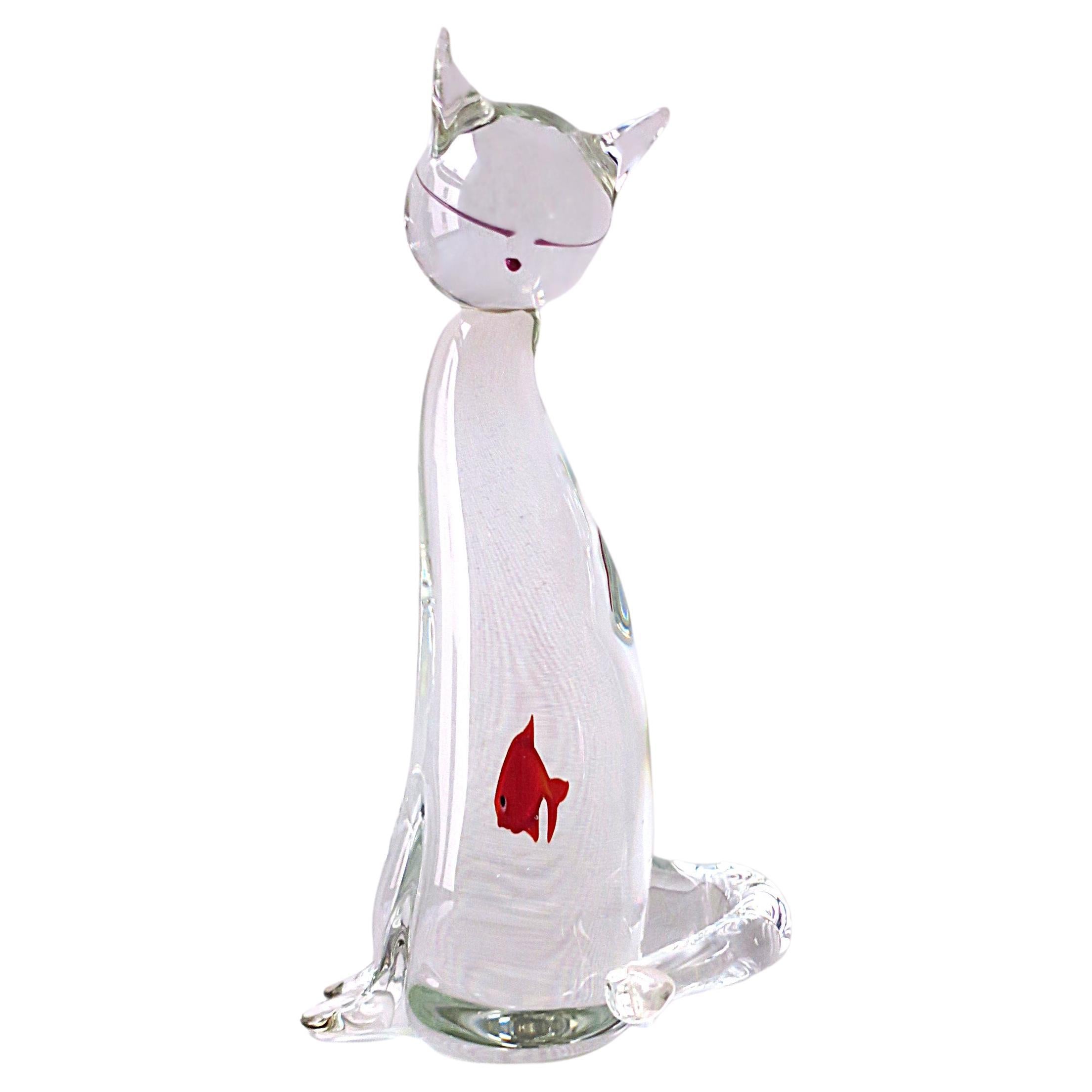 Italian Murano Art Glass Cat and Goldfish Sculpture For Sale