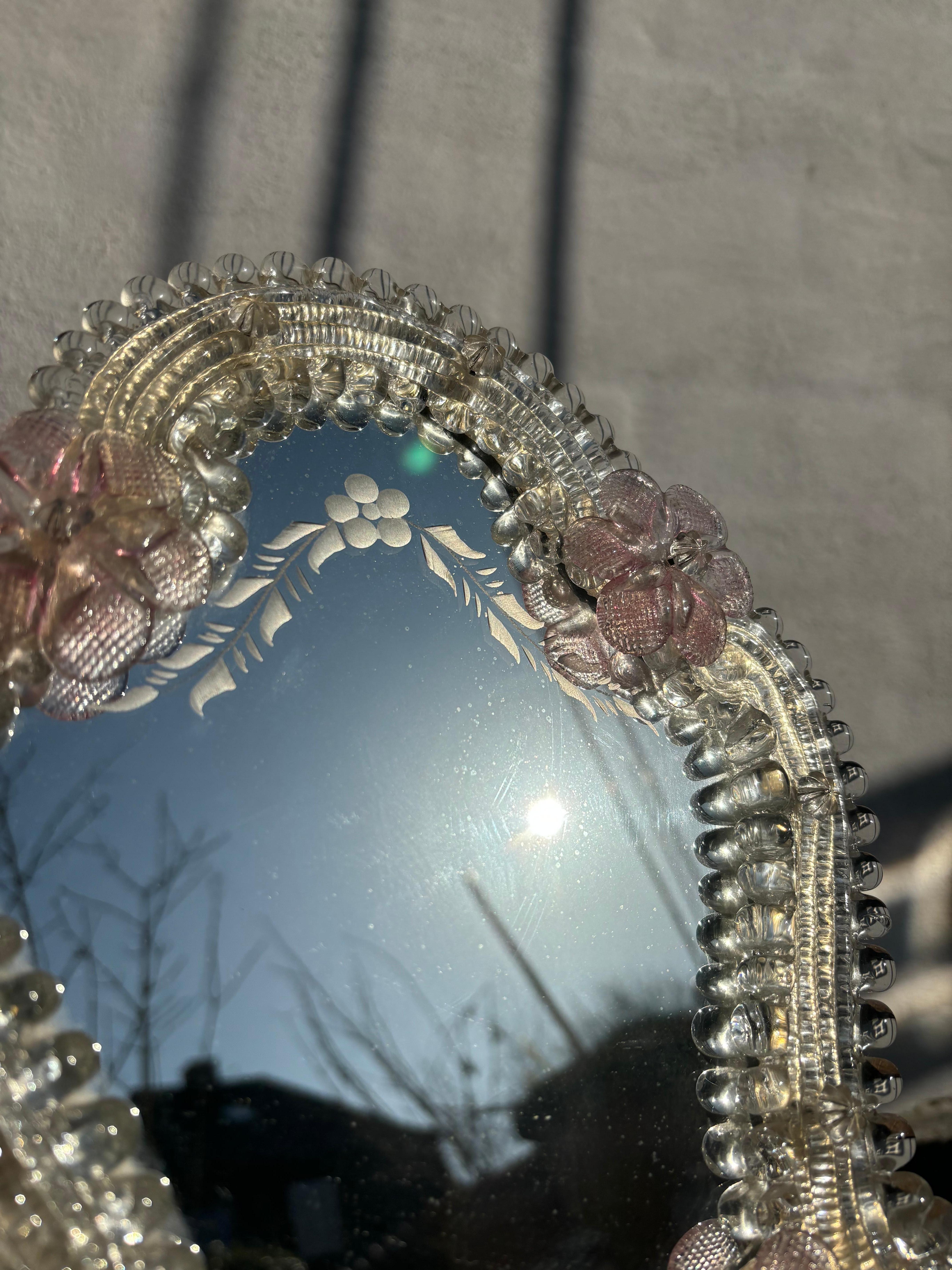 20th Century Italian Murano Art Glass Pink Floral Mirror, 1950s For Sale