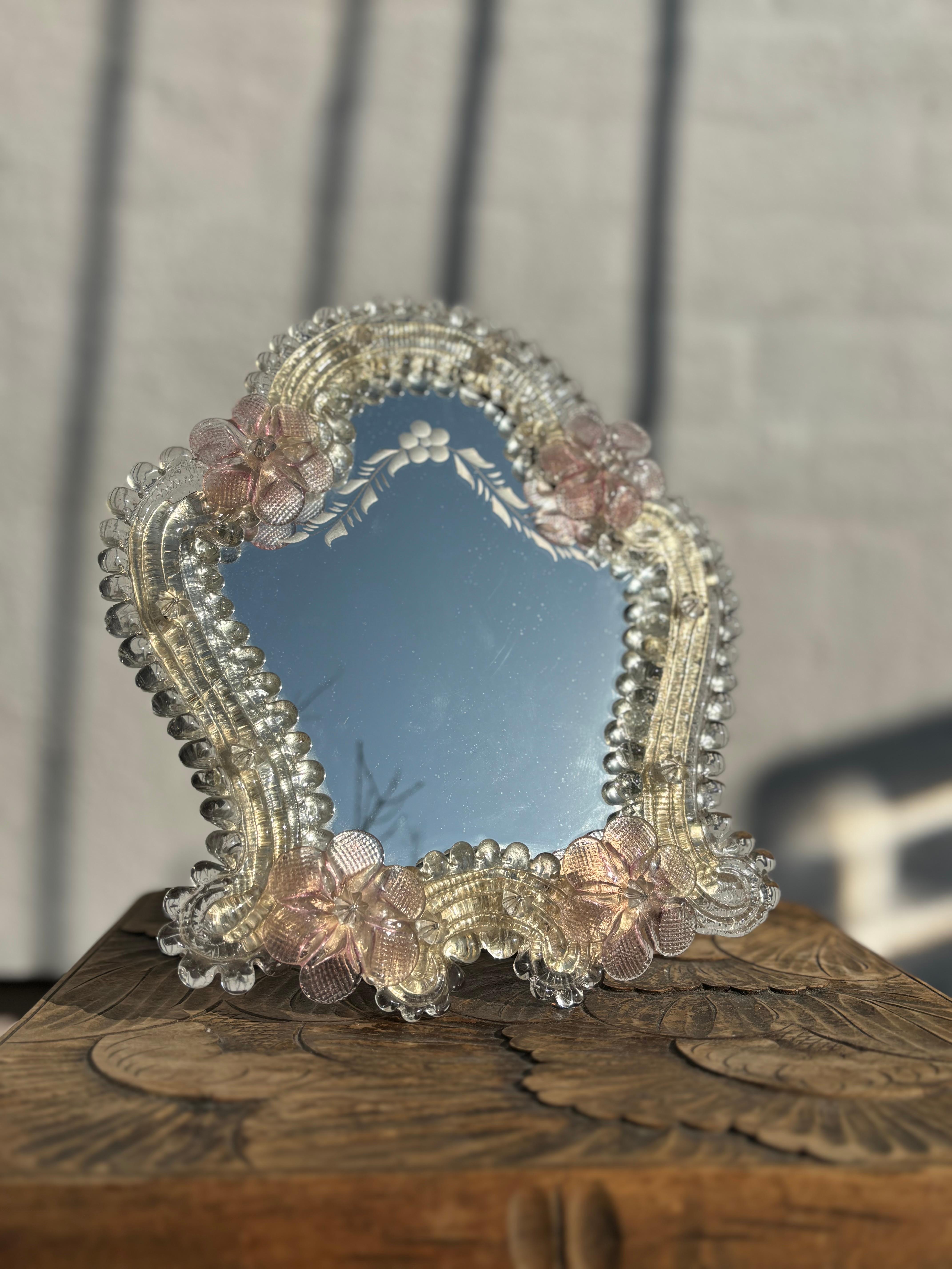 Italian Murano Art Glass Pink Floral Mirror, 1950s For Sale 1