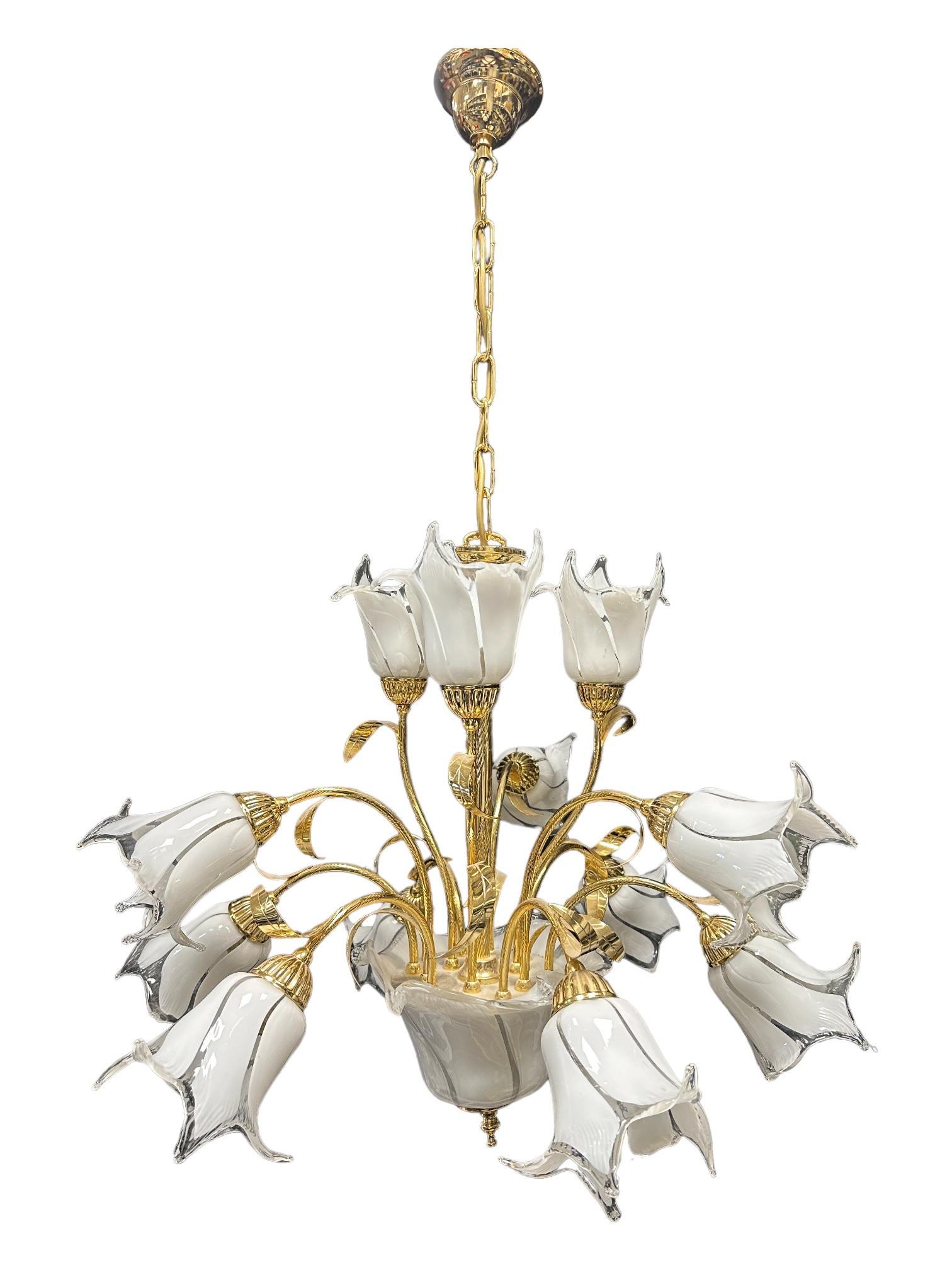 Italian Murano Art Glass Nouveau Calla Lily Bouquet Brass Chandelier, Vintage For Sale 7