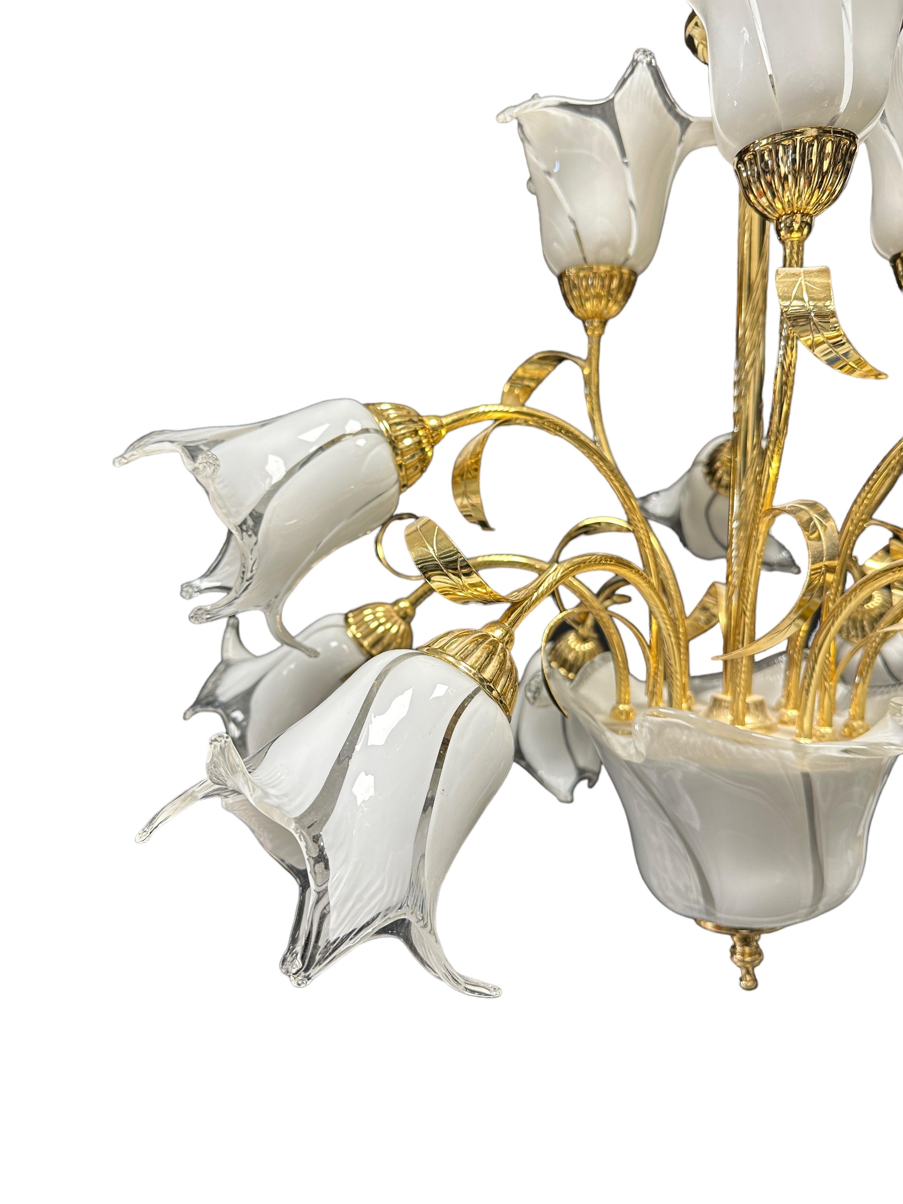 Metal Italian Murano Art Glass Nouveau Calla Lily Bouquet Brass Chandelier, Vintage For Sale
