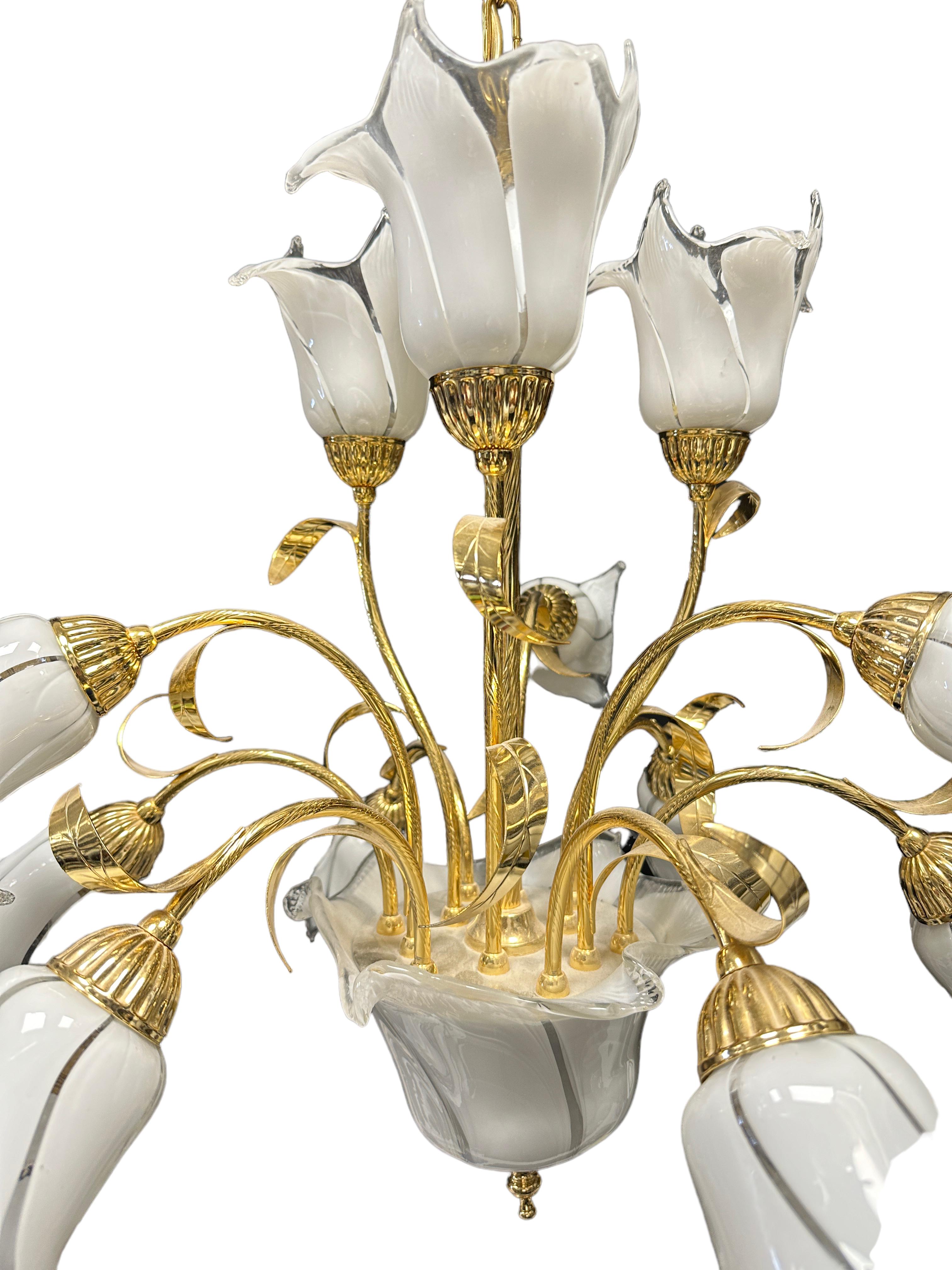 Italian Murano Art Glass Nouveau Calla Lily Bouquet Brass Chandelier, Vintage For Sale 1