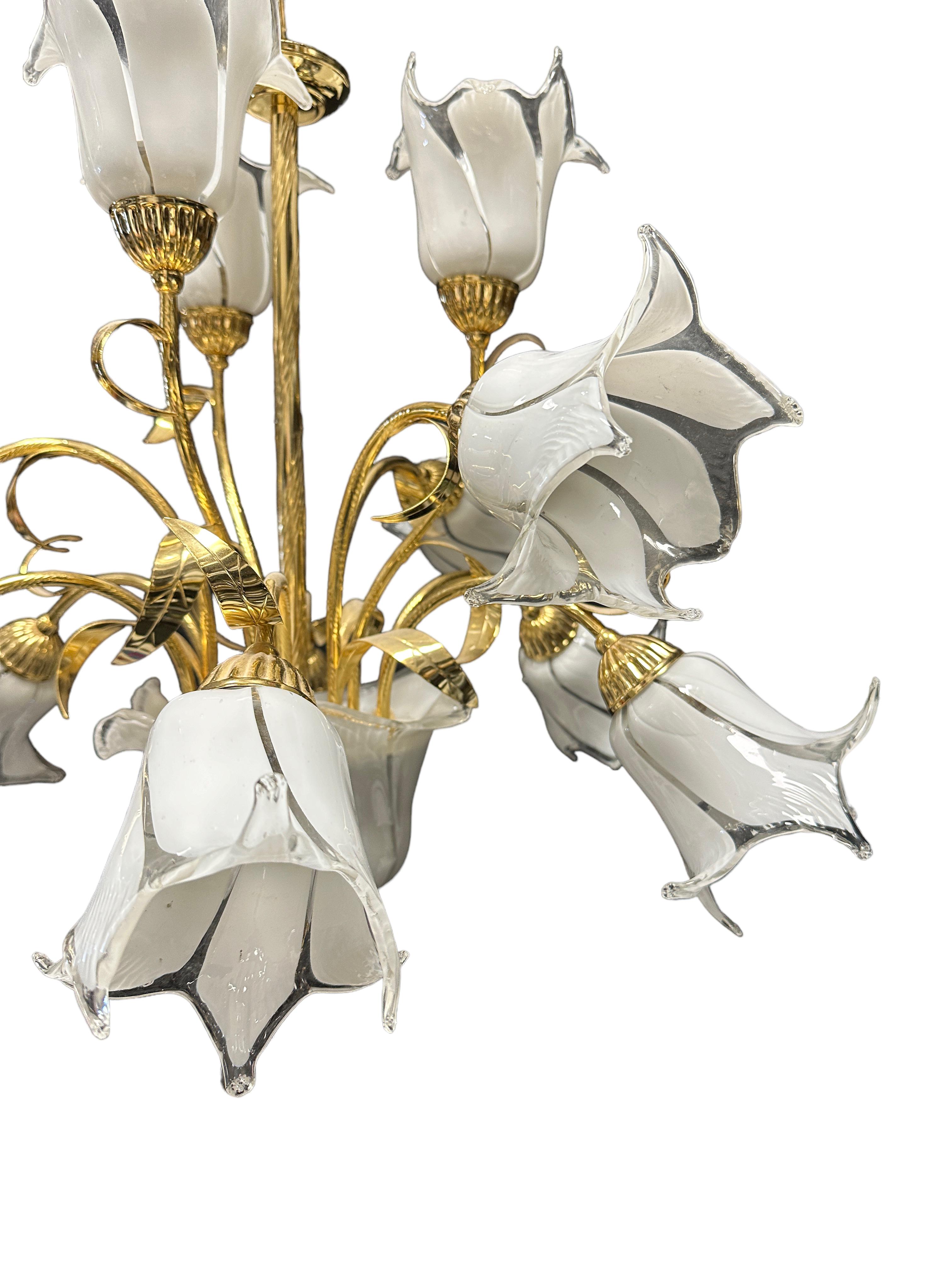 Italian Murano Art Glass Nouveau Calla Lily Bouquet Brass Chandelier, Vintage For Sale 2