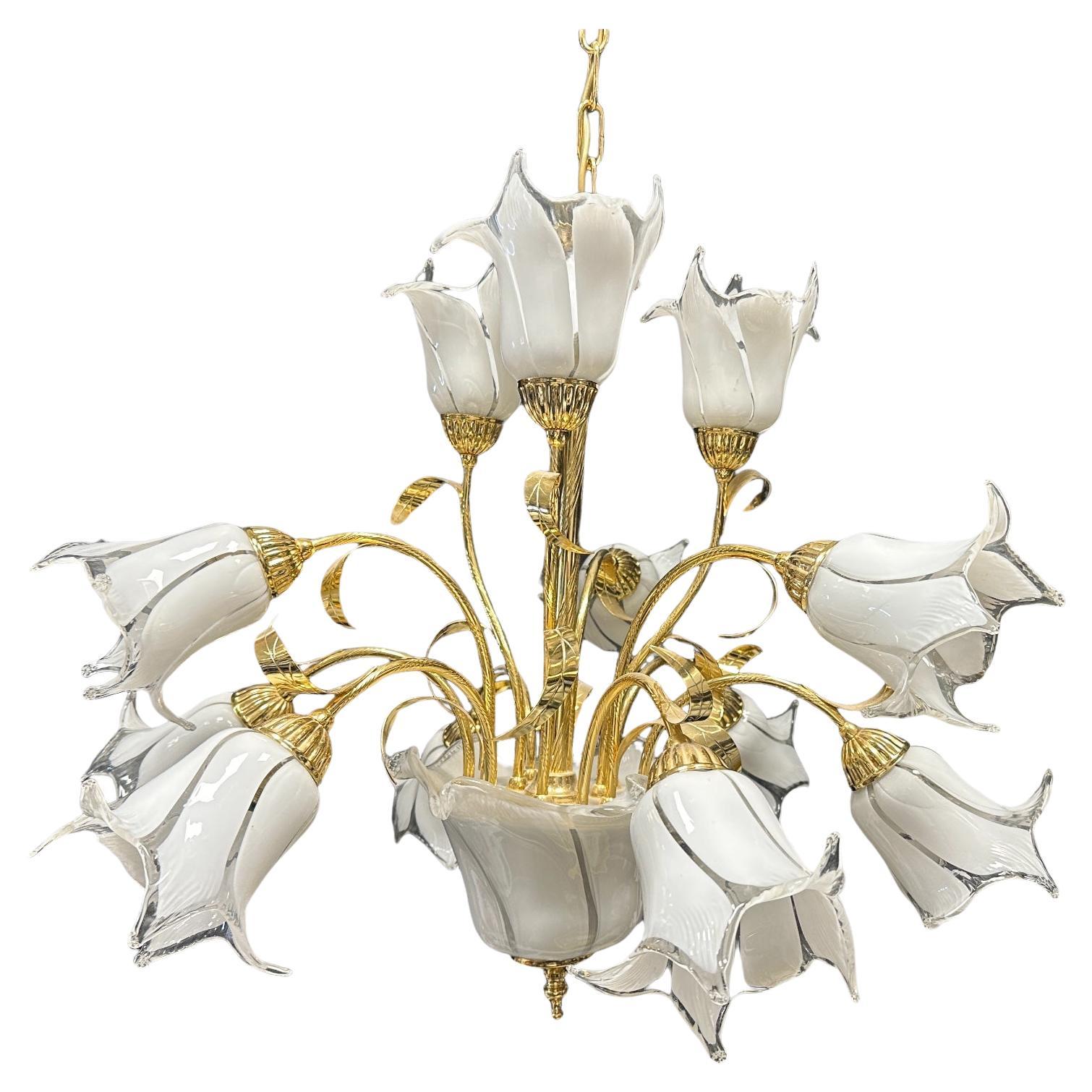 Italian Murano Art Glass Nouveau Calla Lily Bouquet Brass Chandelier, Vintage