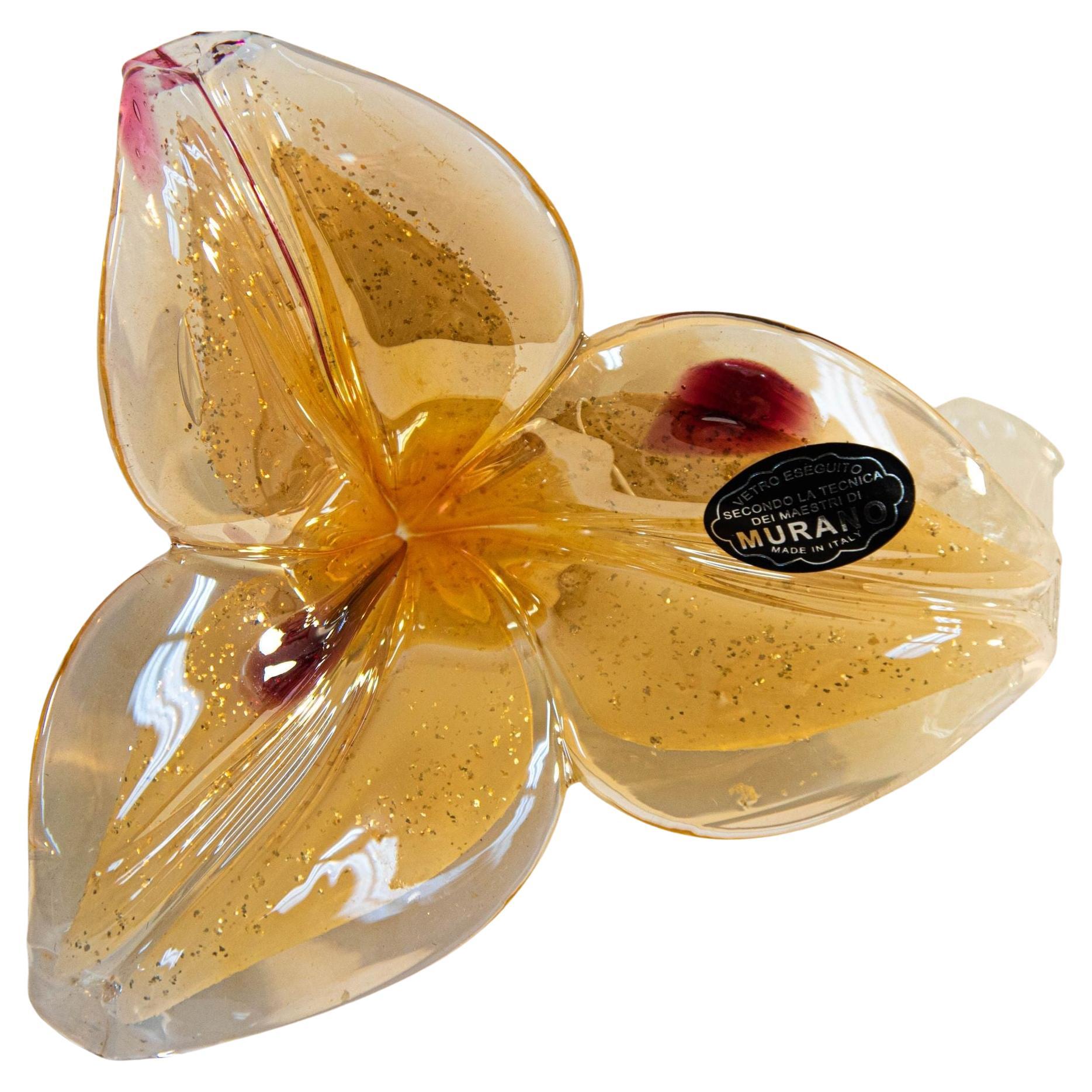 Italian Murano Art Glass Paperweight Lily Flower with Curled Stem Sculpture 1980 For Sale