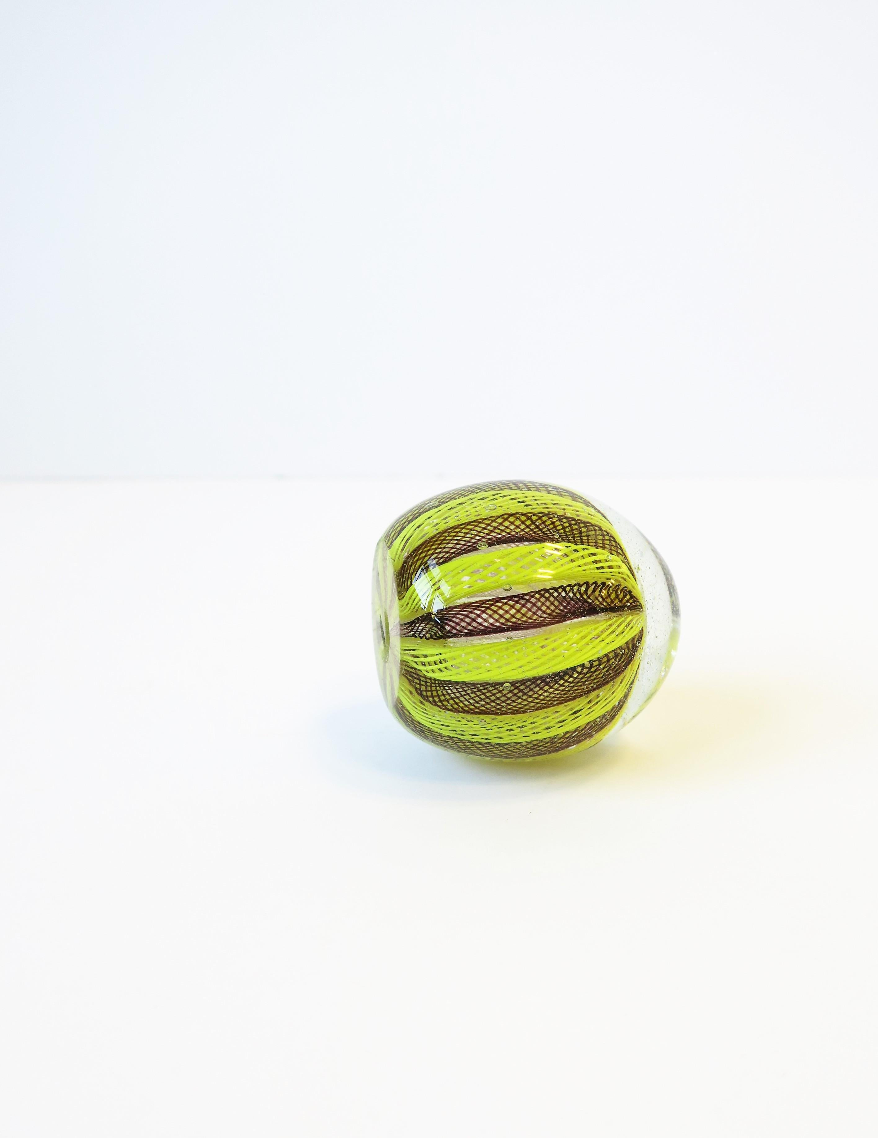 Hand-Crafted Italian Murano Art Glass Paperweight with Neon Yellow Ribbon Design after Seguso For Sale