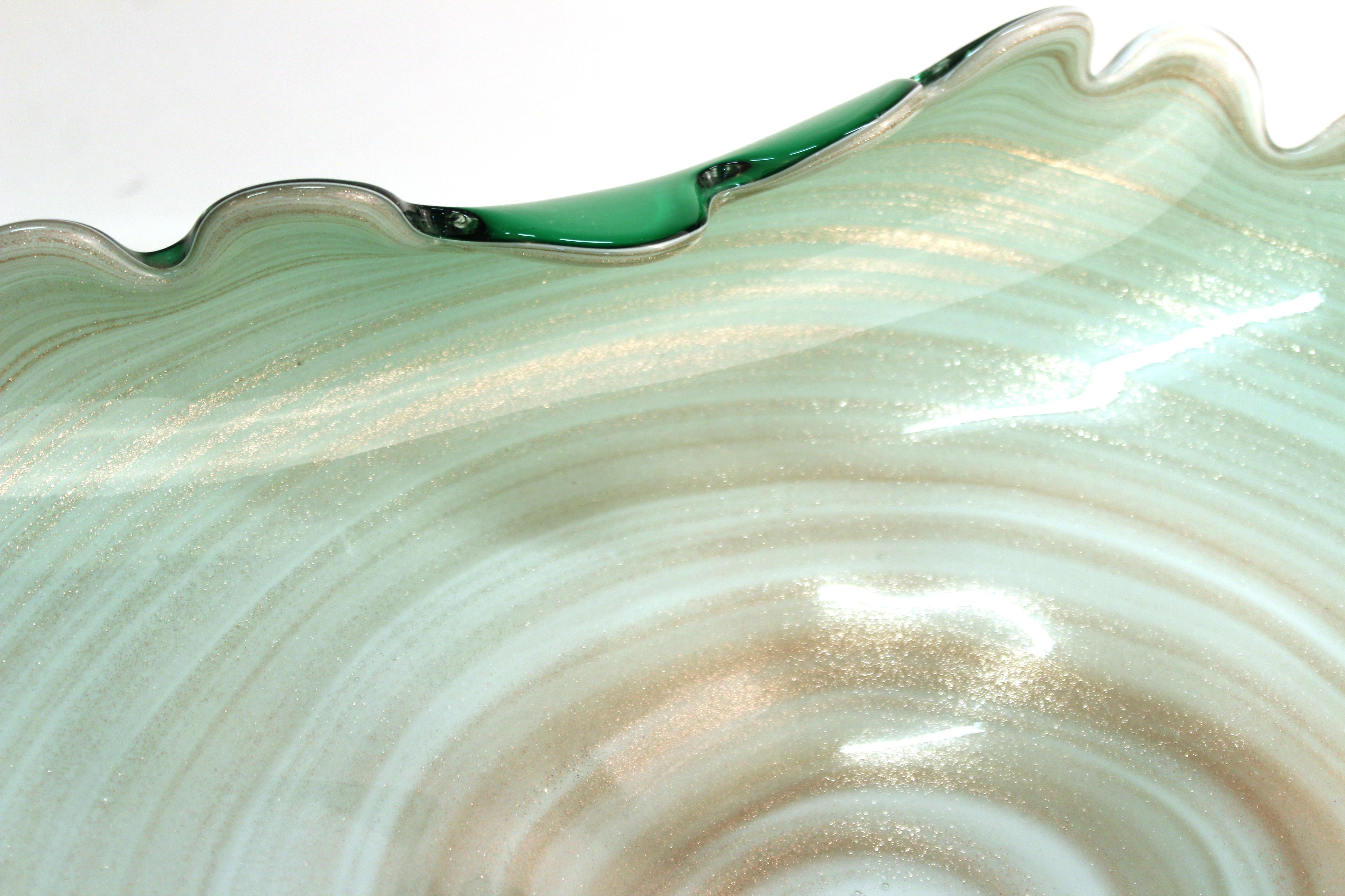 Italian Murano Art Glass Swirl Bowl in Green and Cream with Gold Dust 6